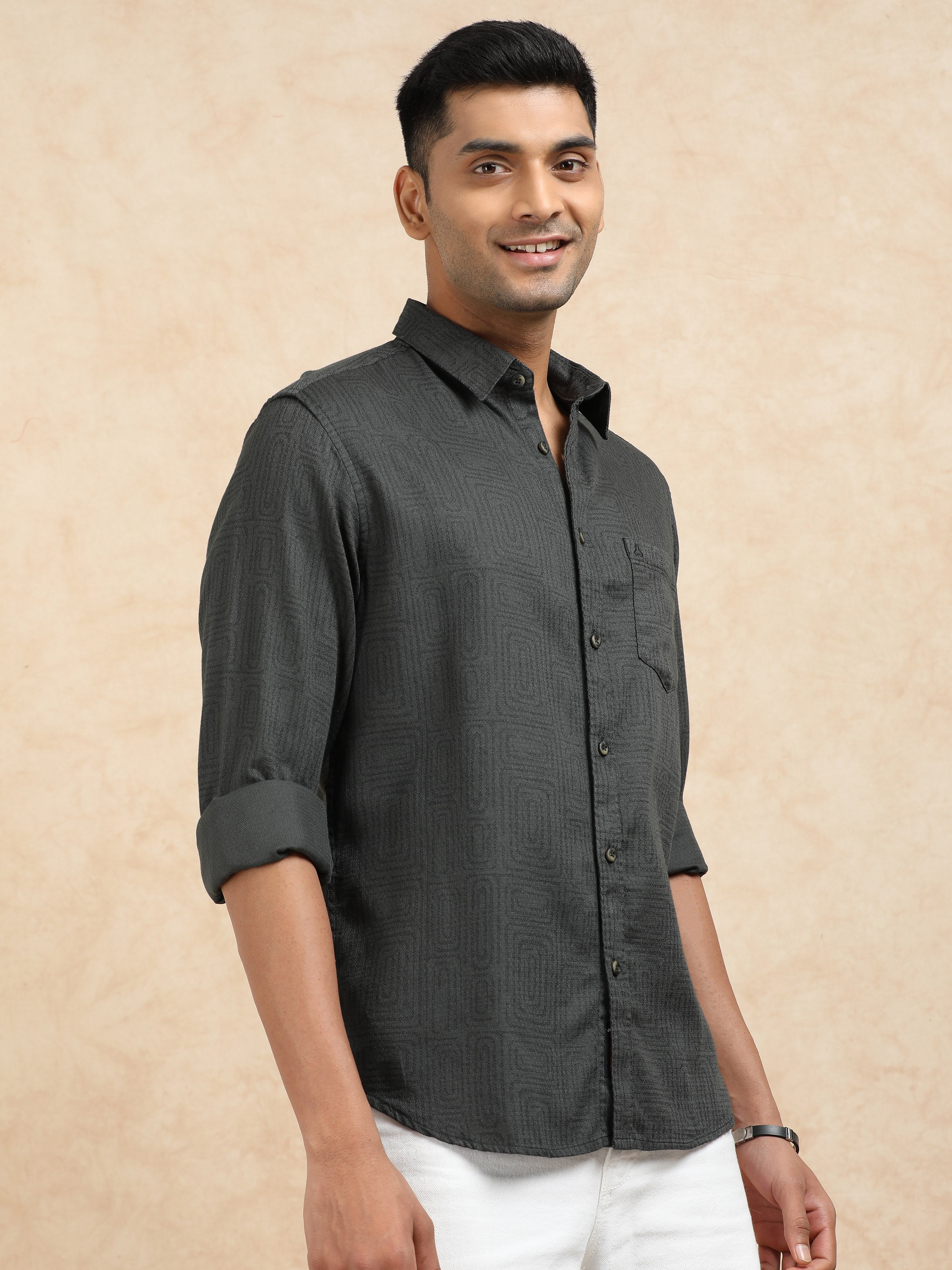 MEN'S DK.GREEN PRINT SLIM FIT SHIRT