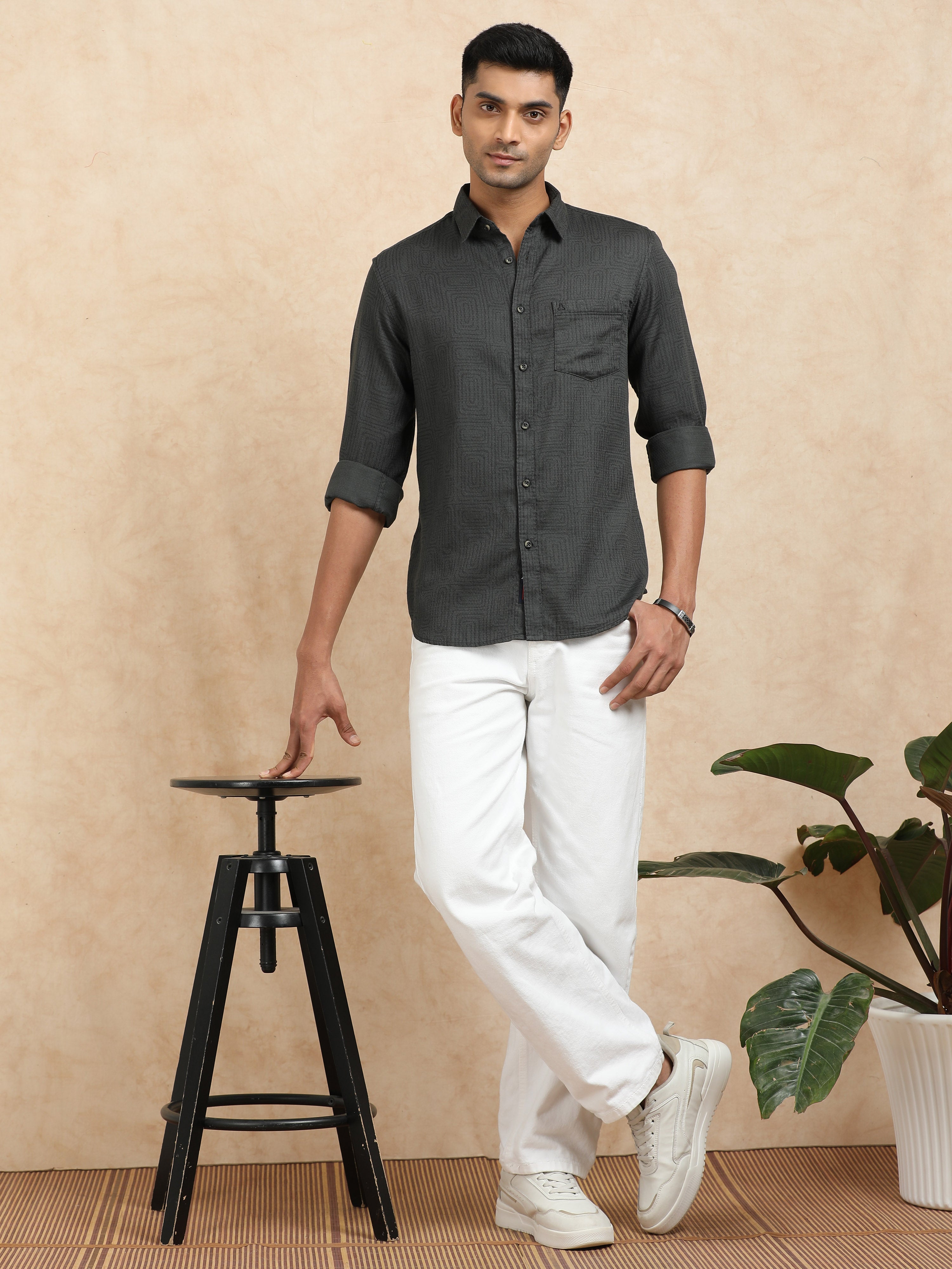 MEN'S DK.GREEN PRINT SLIM FIT SHIRT