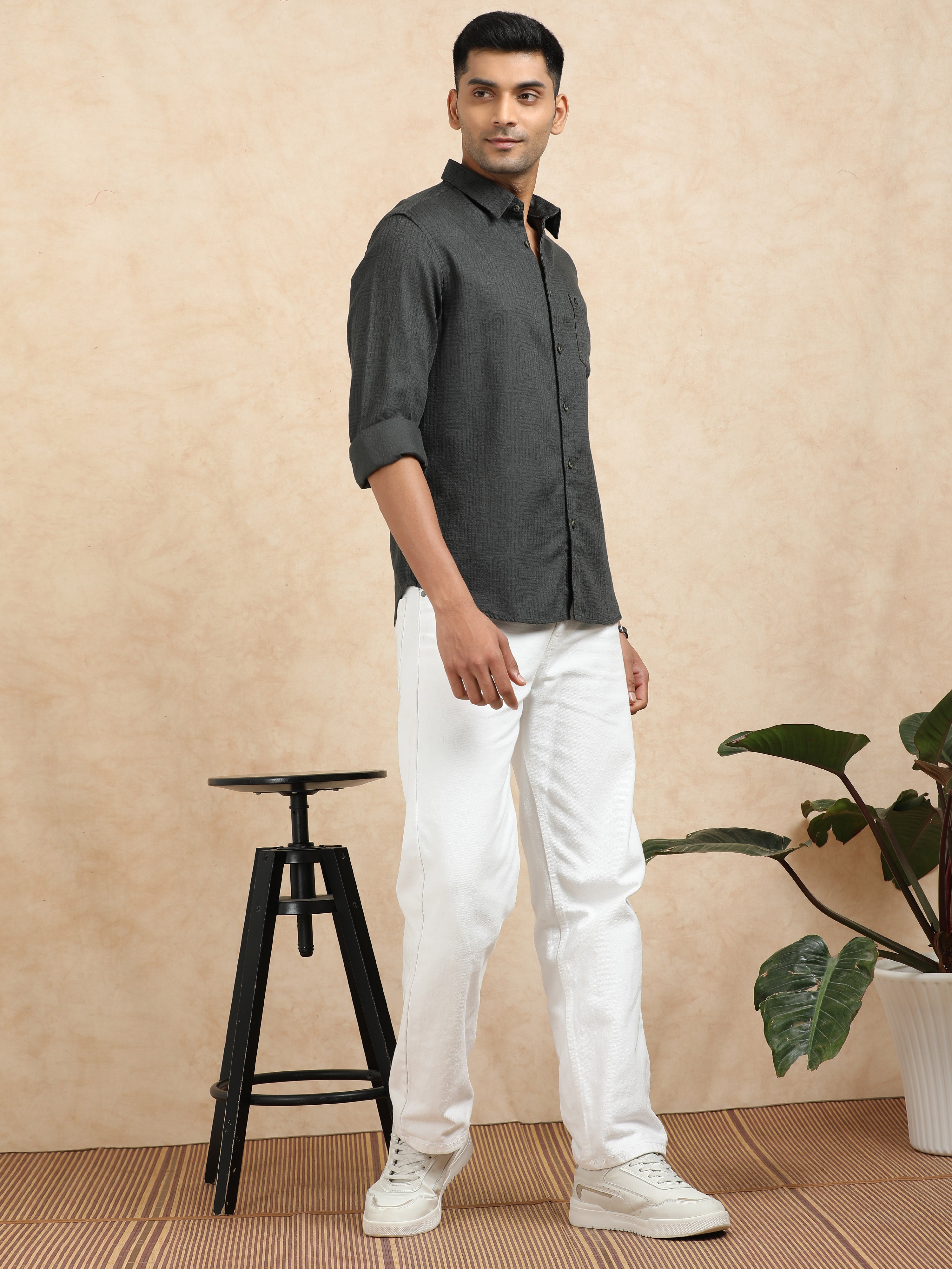MEN'S DK.GREEN PRINT SLIM FIT SHIRT