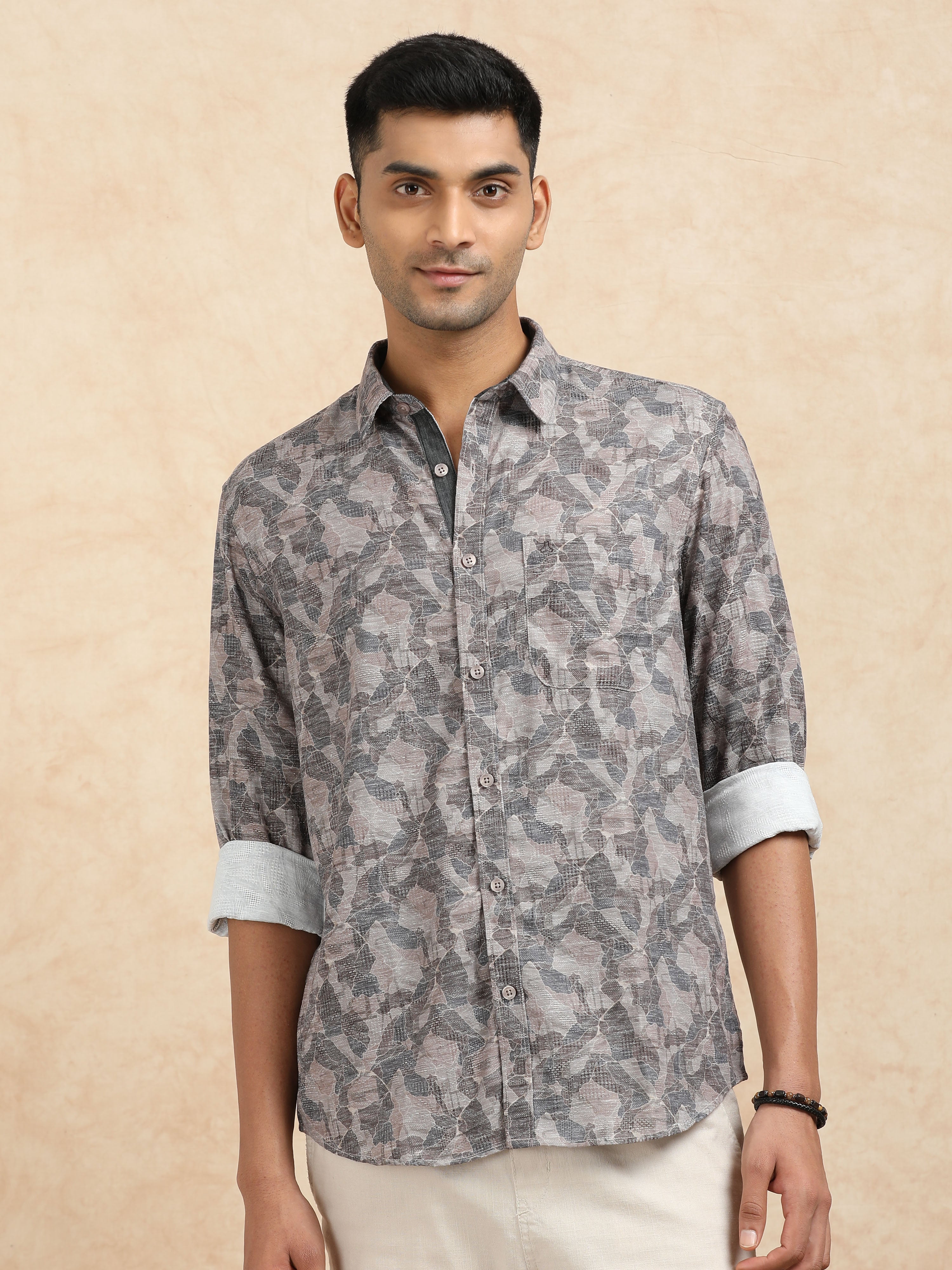 MEN'S BROWN PRINT SLIM FIT SHIRT