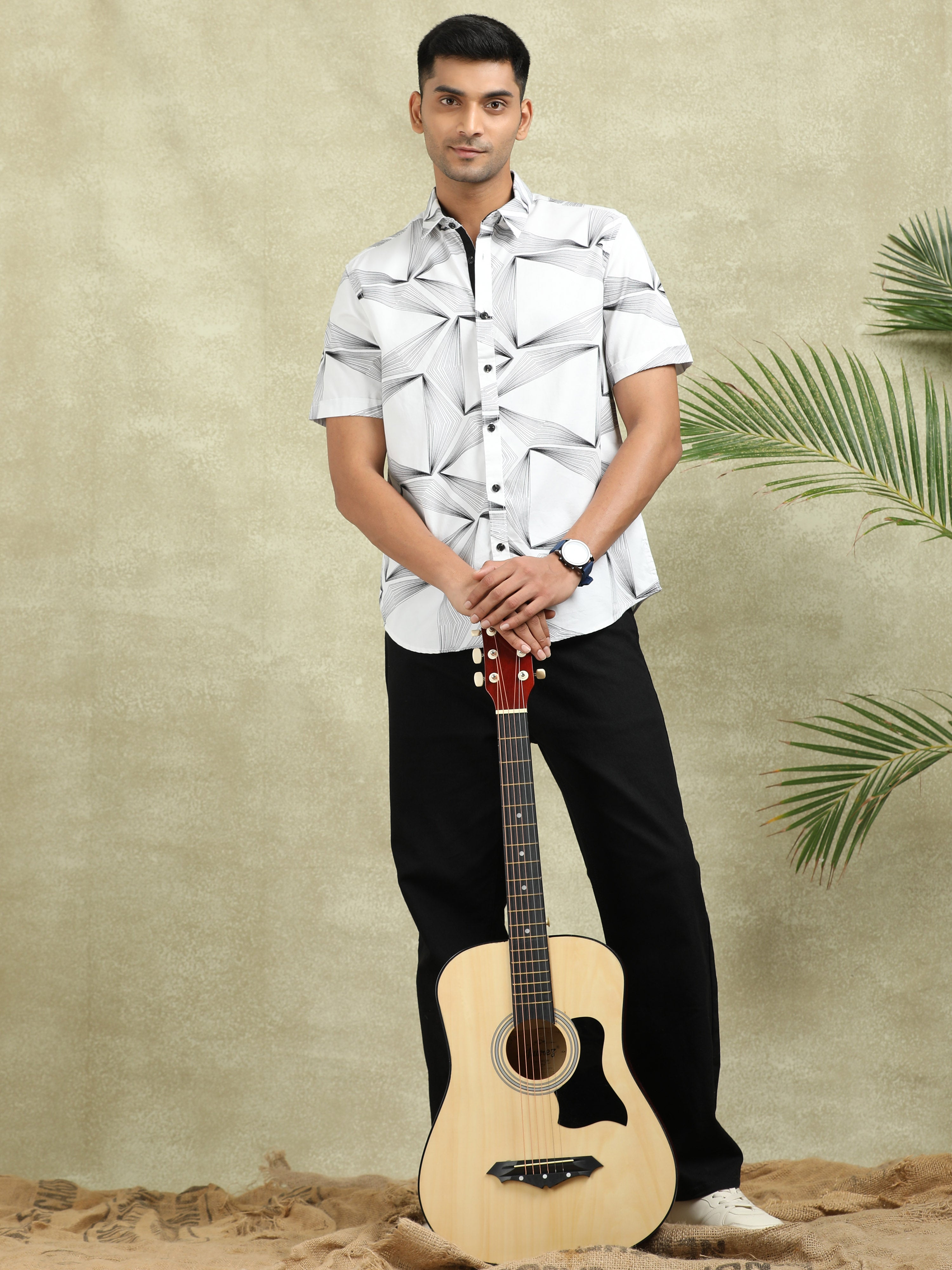 MEN'S WHITE PRINT SLIM FIT SHIRT