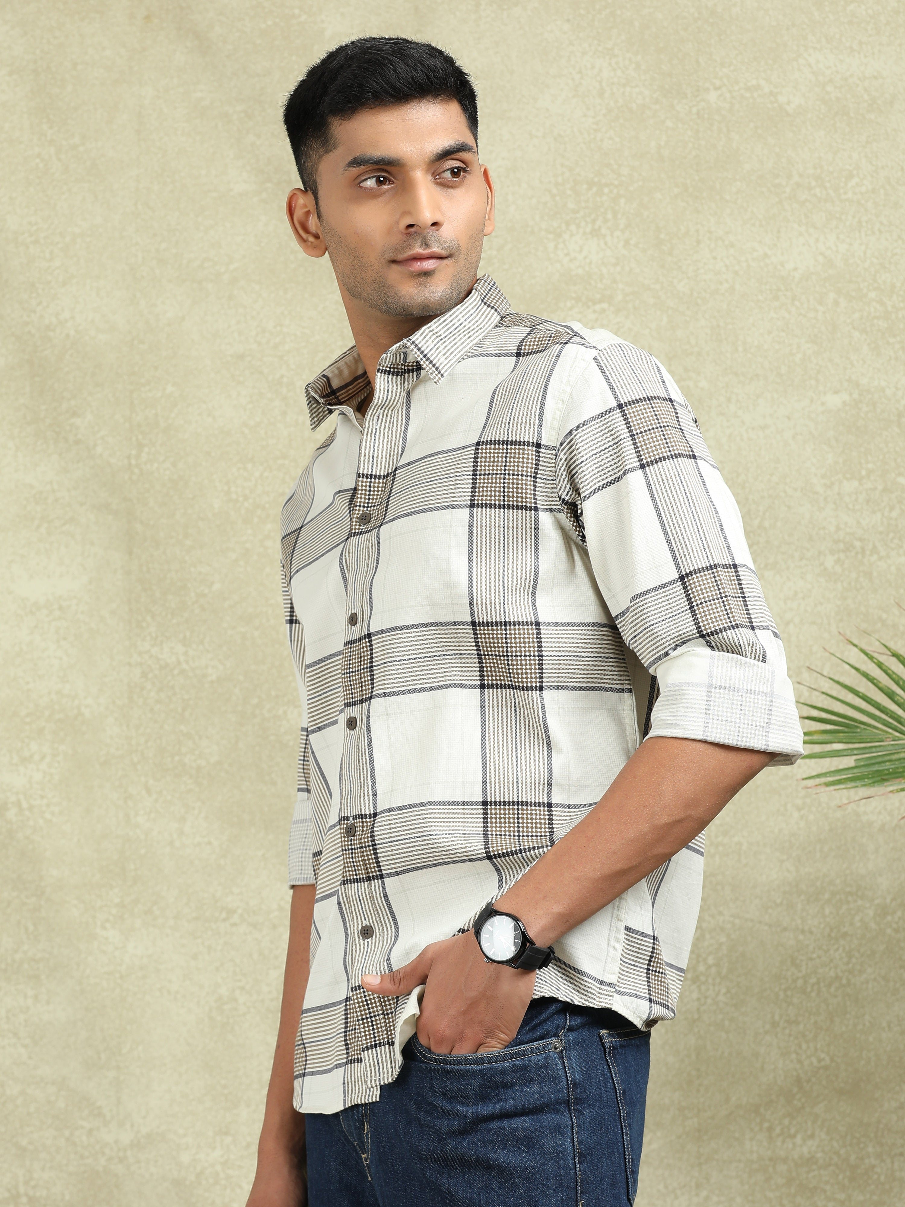 MEN'S BROWN CHECKS SLIM FIT SHIRT