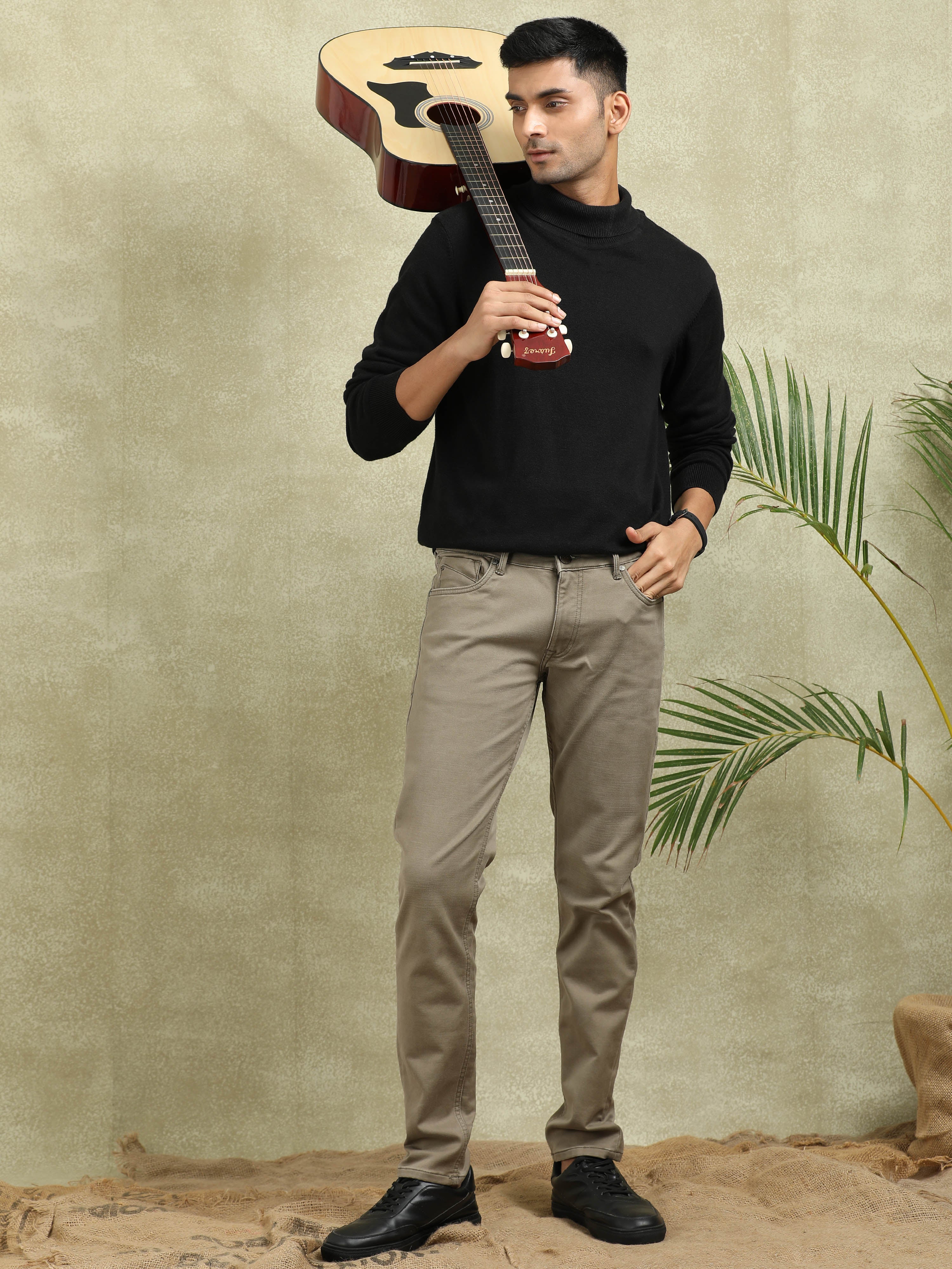 MEN'S BROWNISH KHAKI SOLID SLIM FIT JEANS