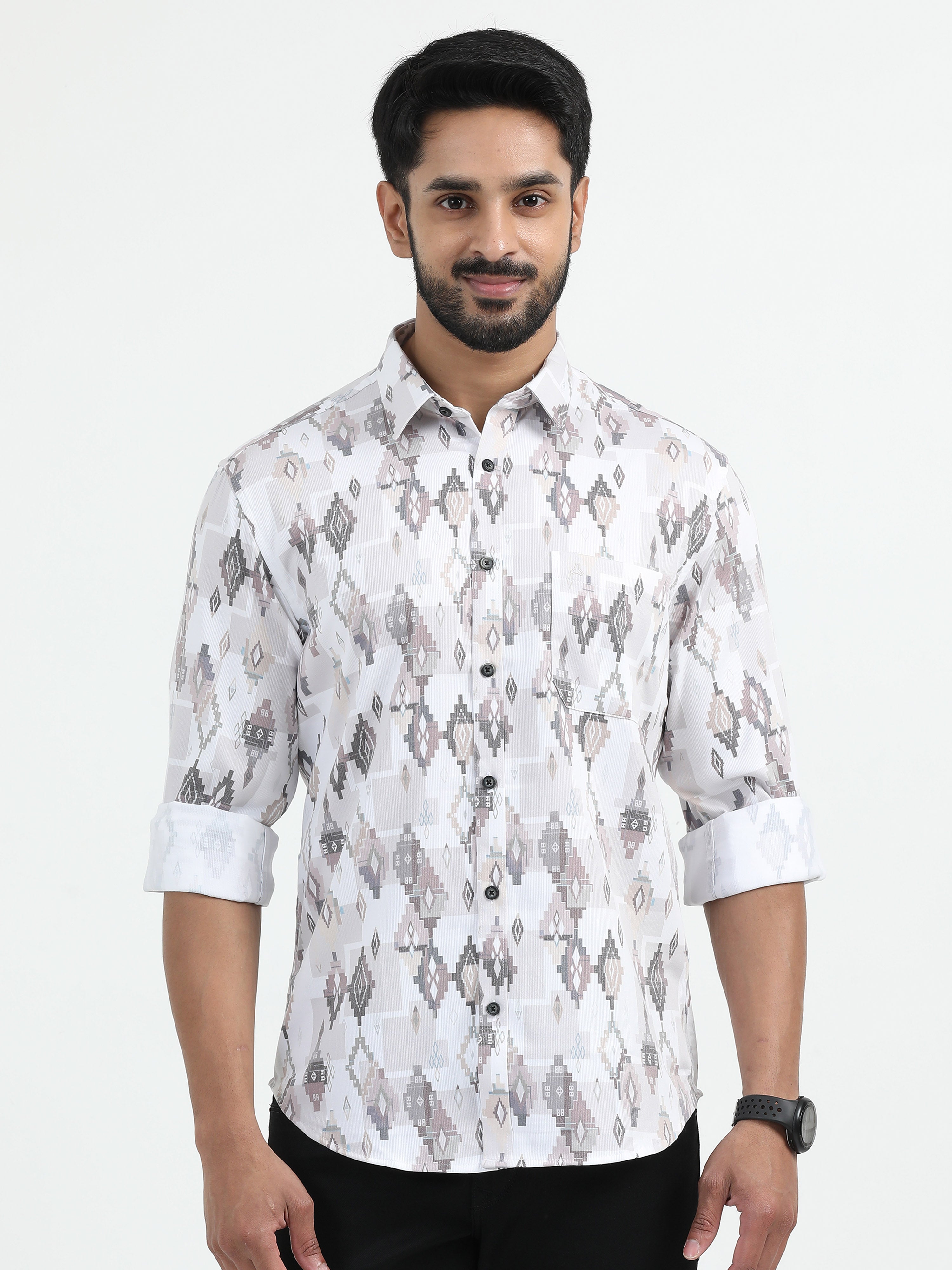 MEN'S WHITE PRINT SLIM FIT SHIRT