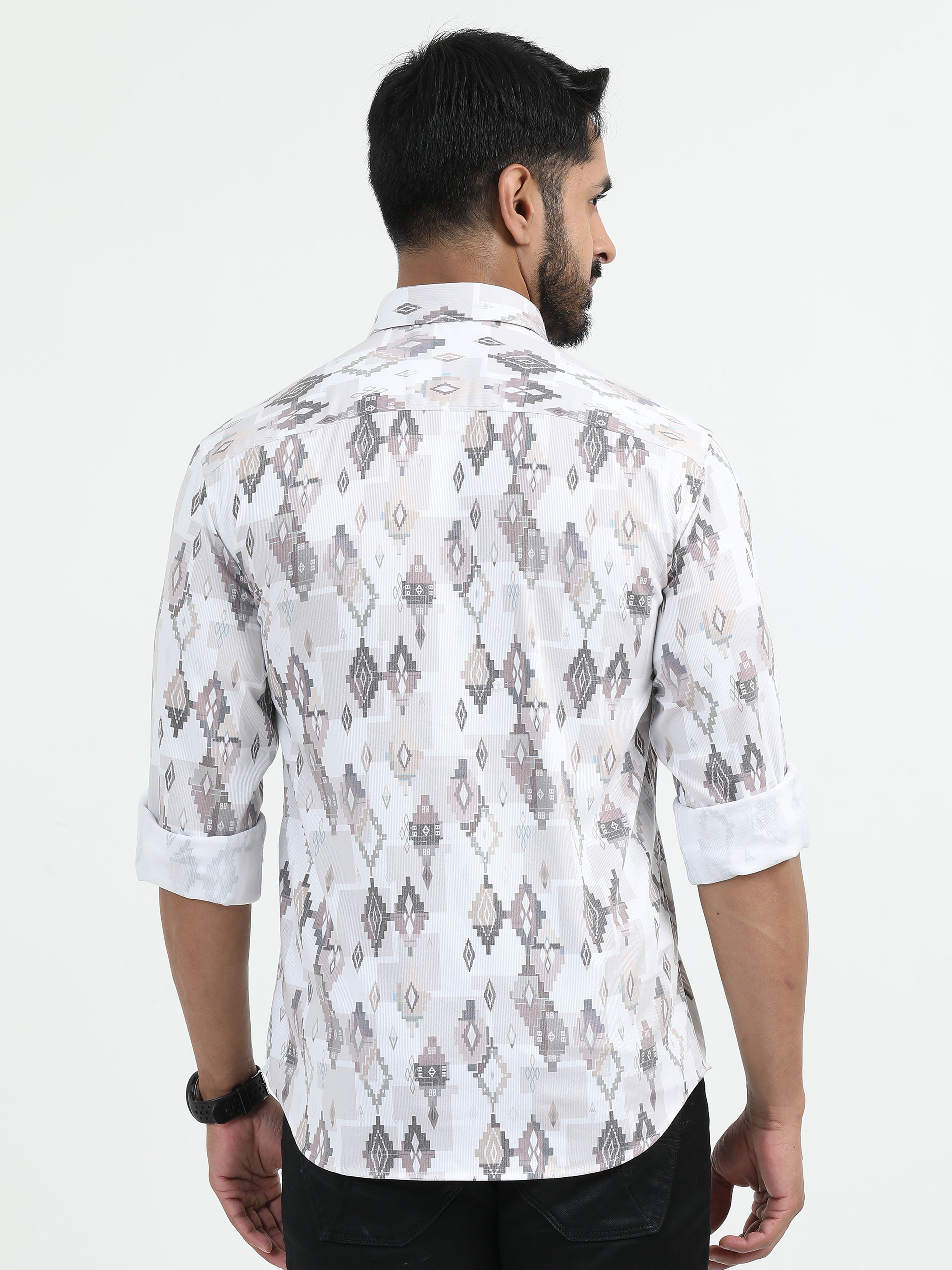 MEN'S WHITE PRINT SLIM FIT SHIRT