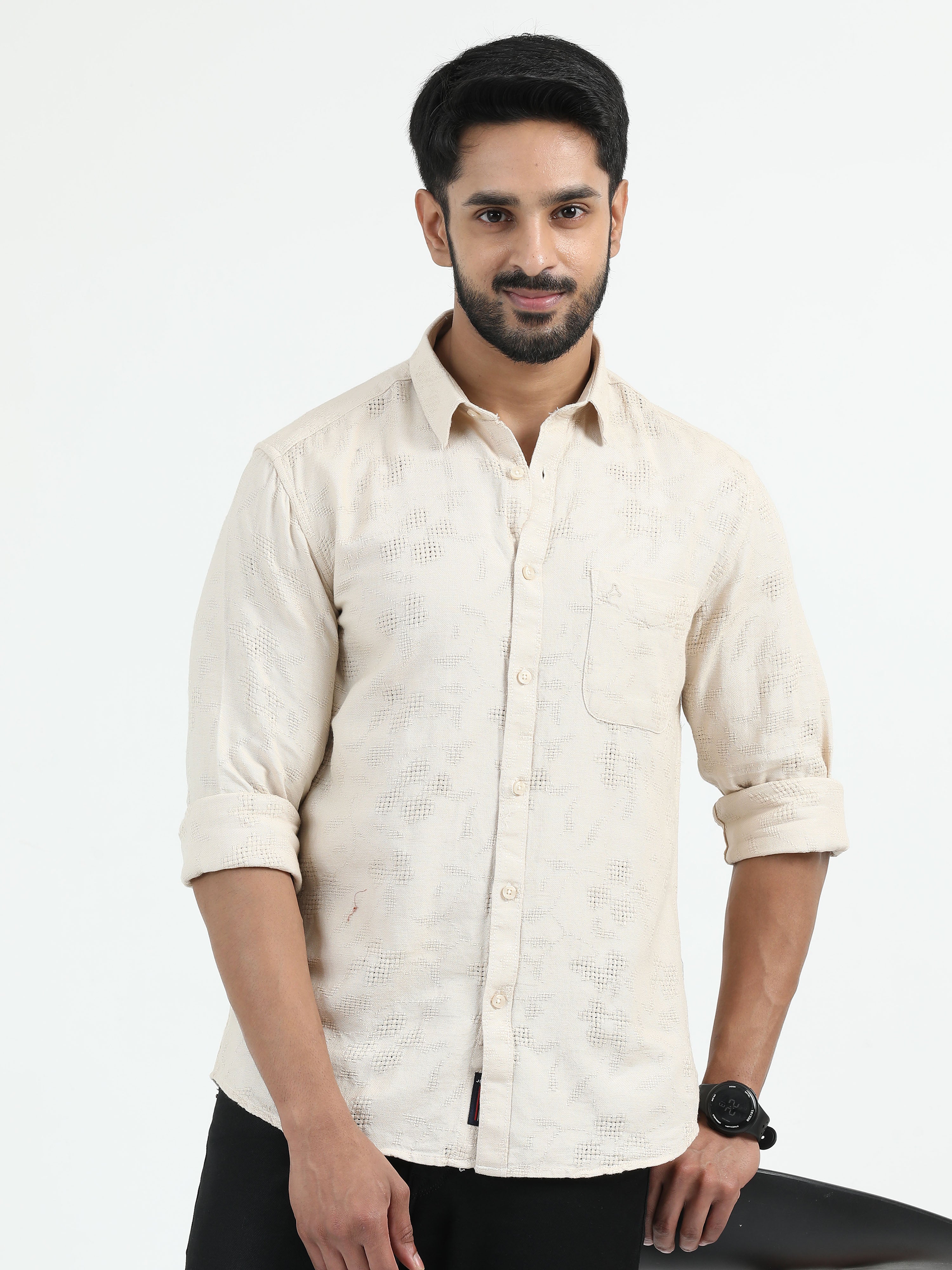 MEN'S BEIGE PRINT SLIM FIT SHIRT