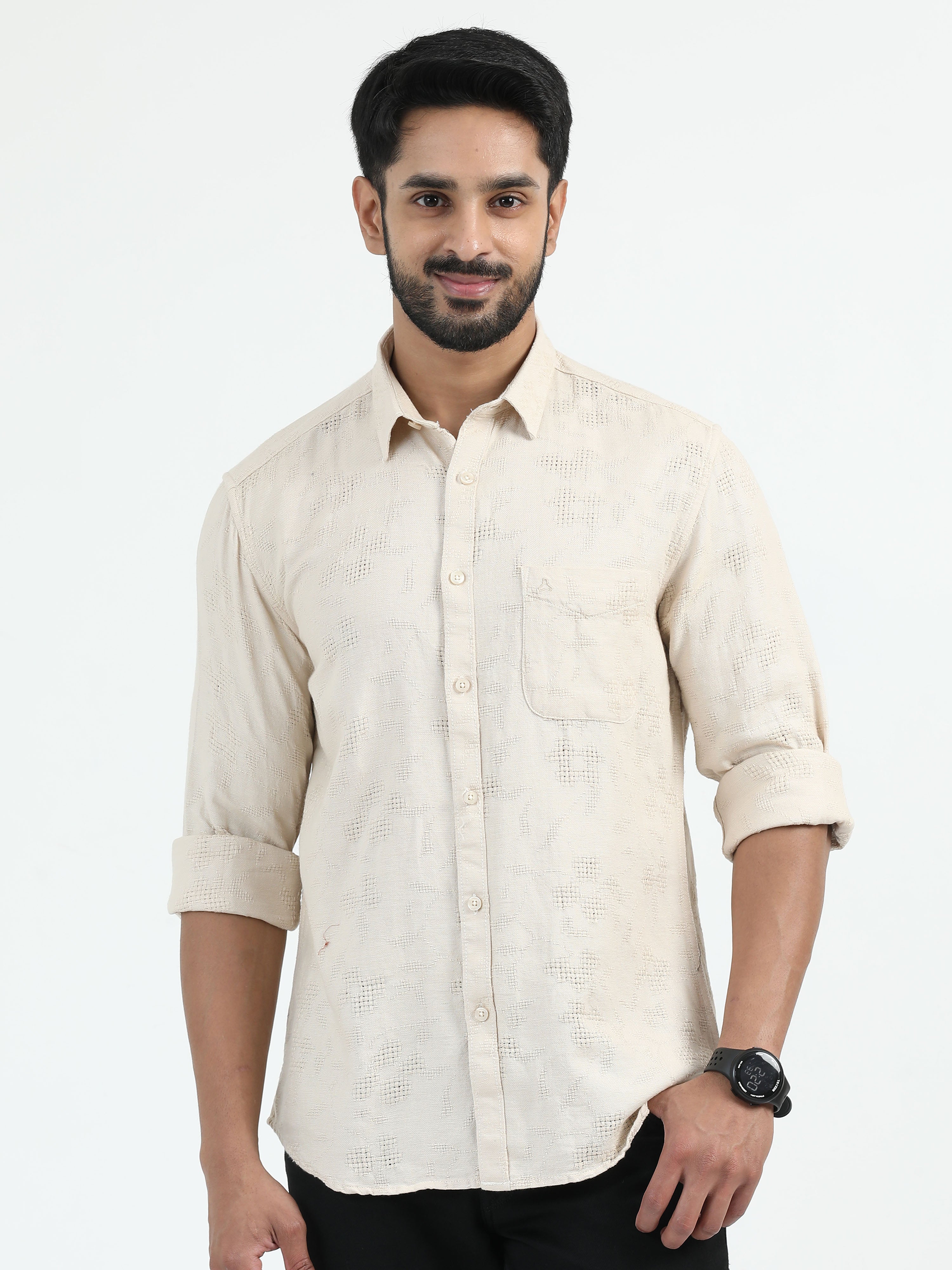 MEN'S BEIGE PRINT SLIM FIT SHIRT