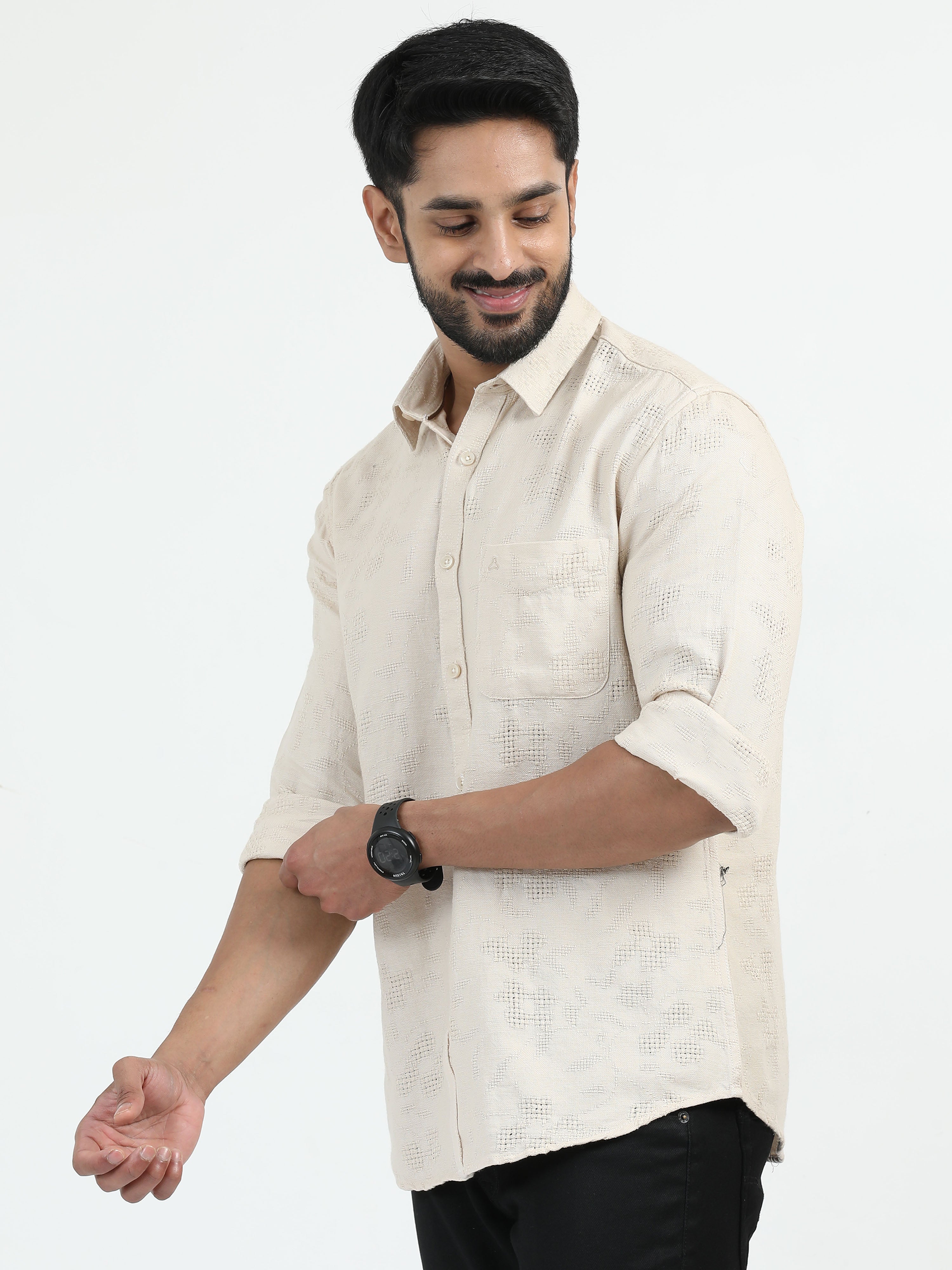 MEN'S BEIGE PRINT SLIM FIT SHIRT