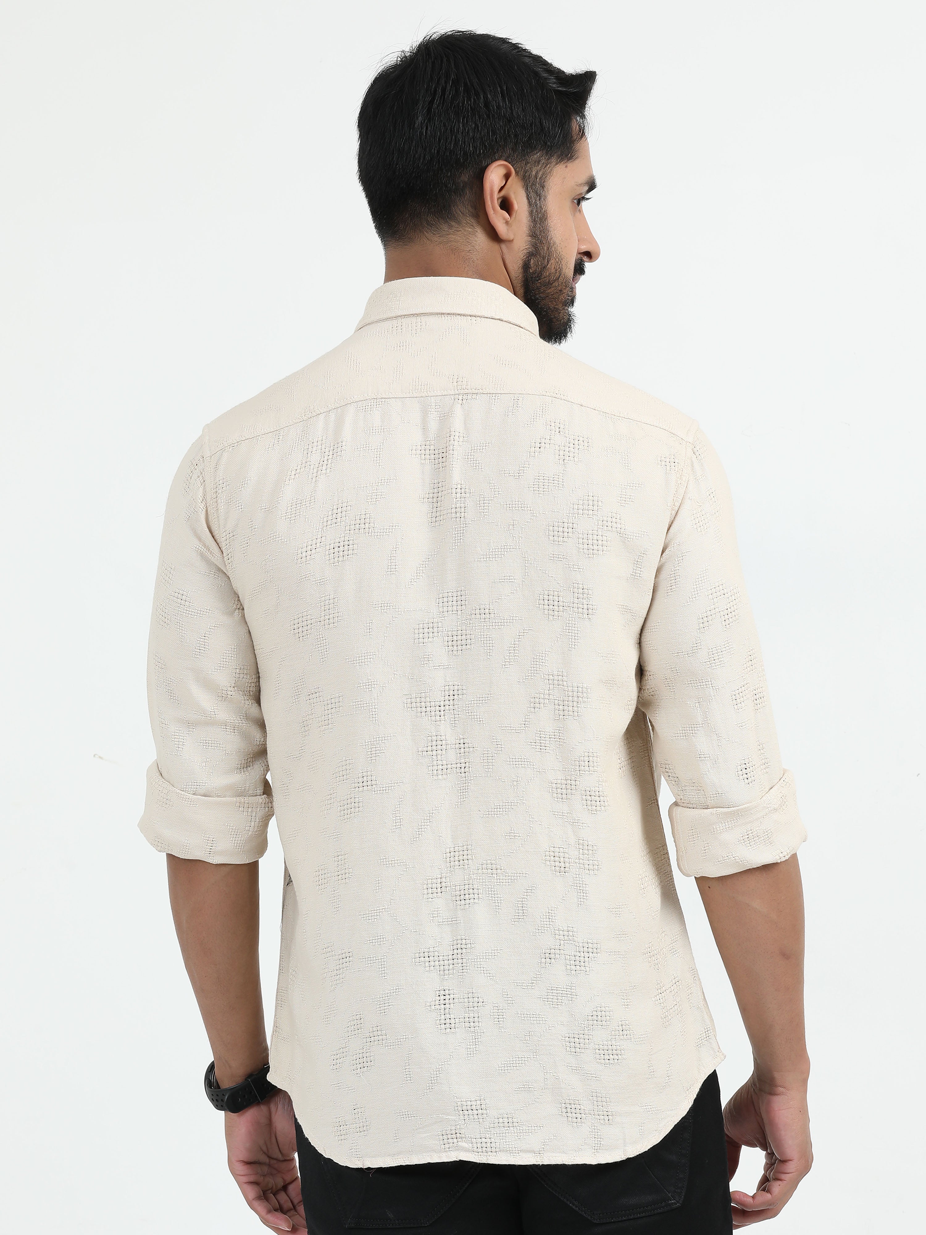 MEN'S BEIGE PRINT SLIM FIT SHIRT