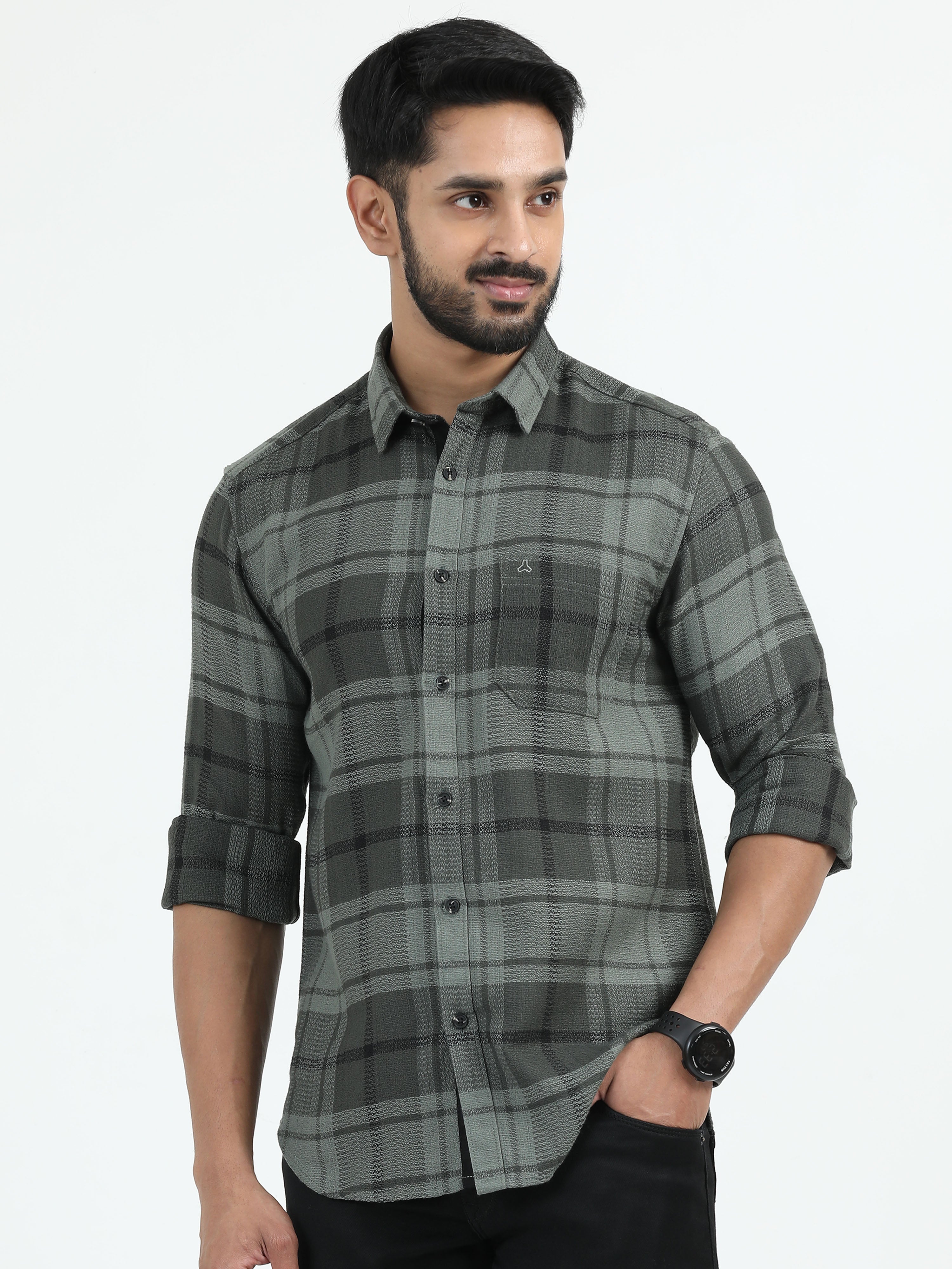 MEN'S GREEN CHECKS SLIM FIT SHIRT