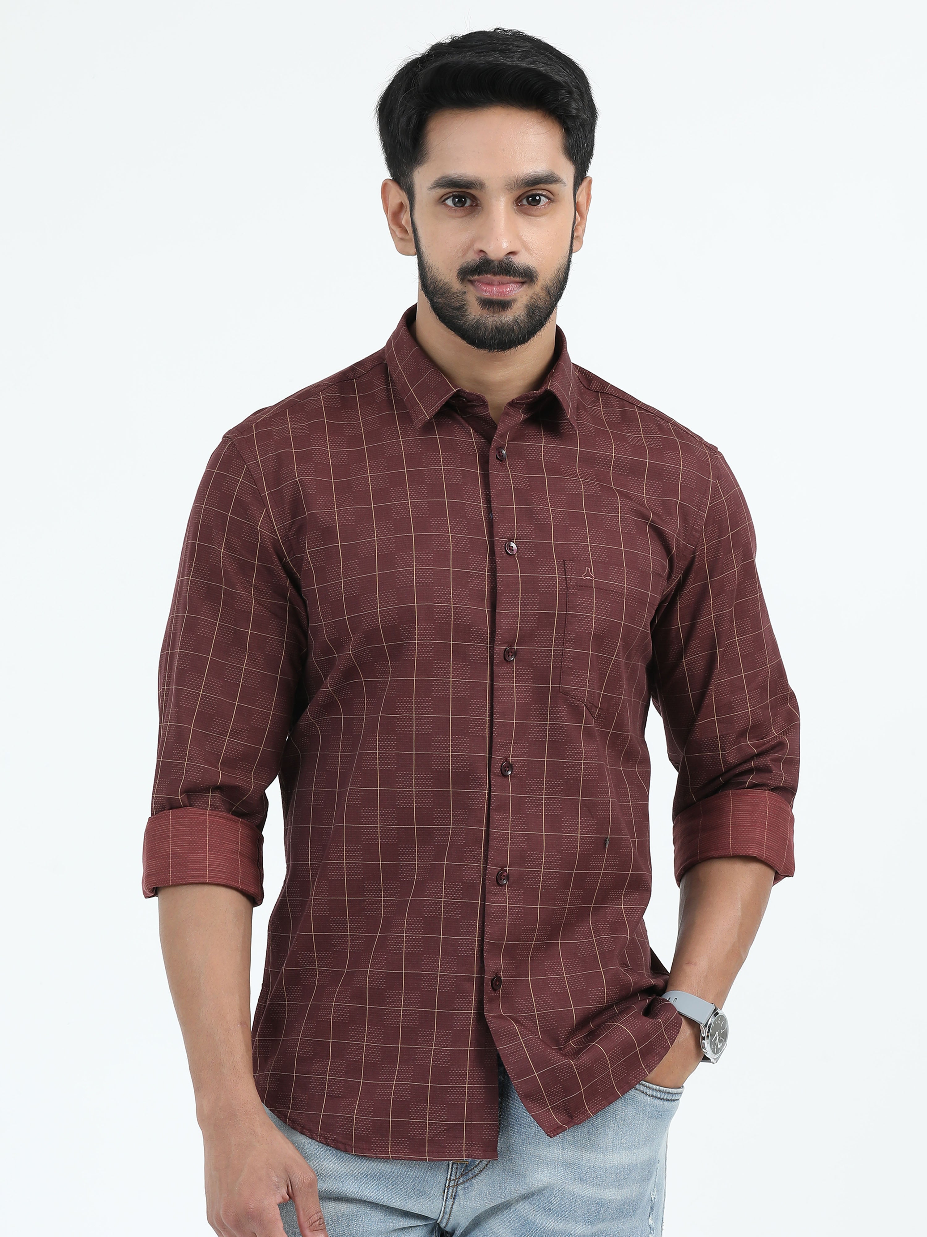 MEN'S MAROON CHECKED SLIM FIT SHIRT