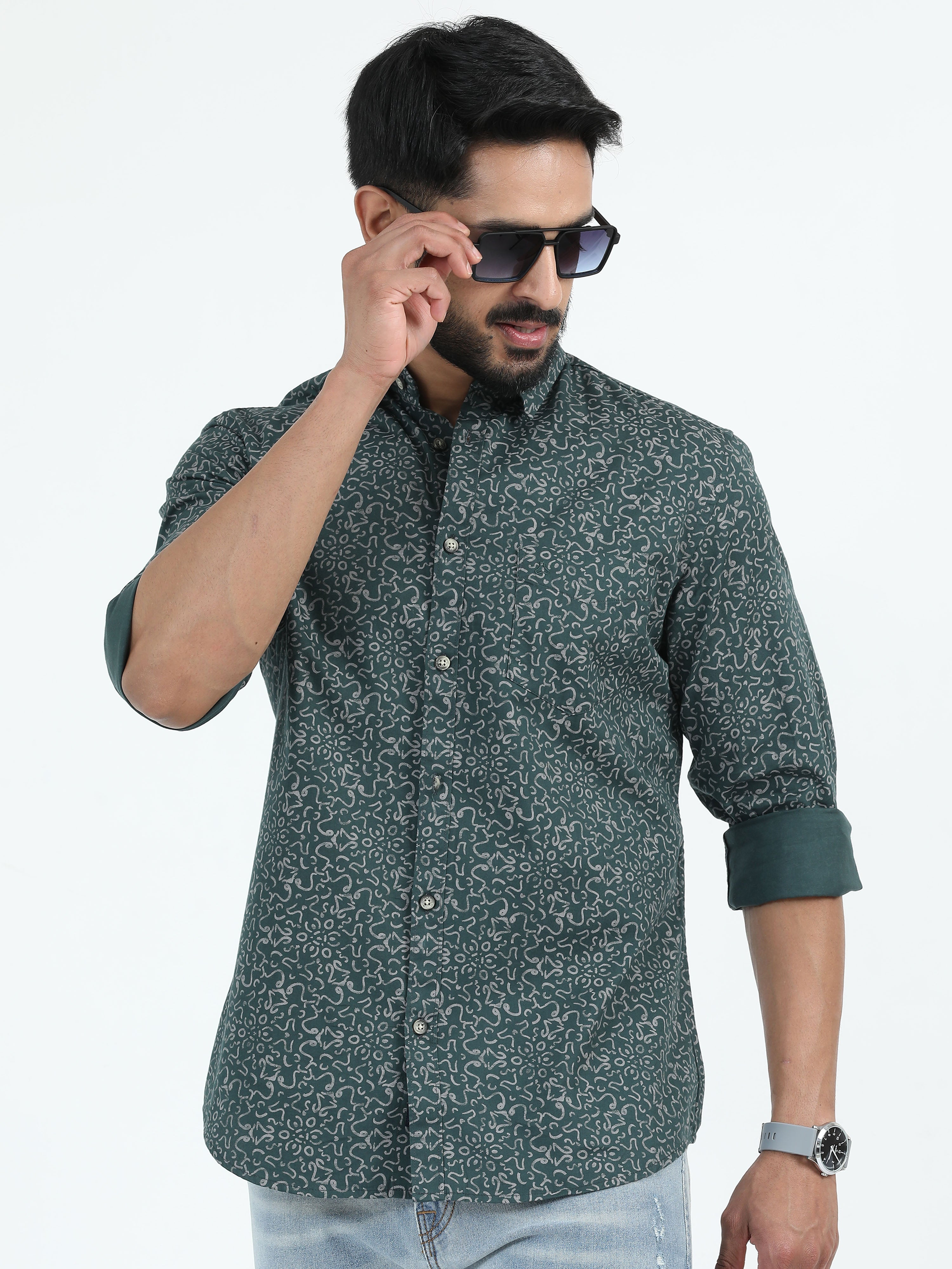 MEN'S GREEN PRINT SLIM FIT SHIRT