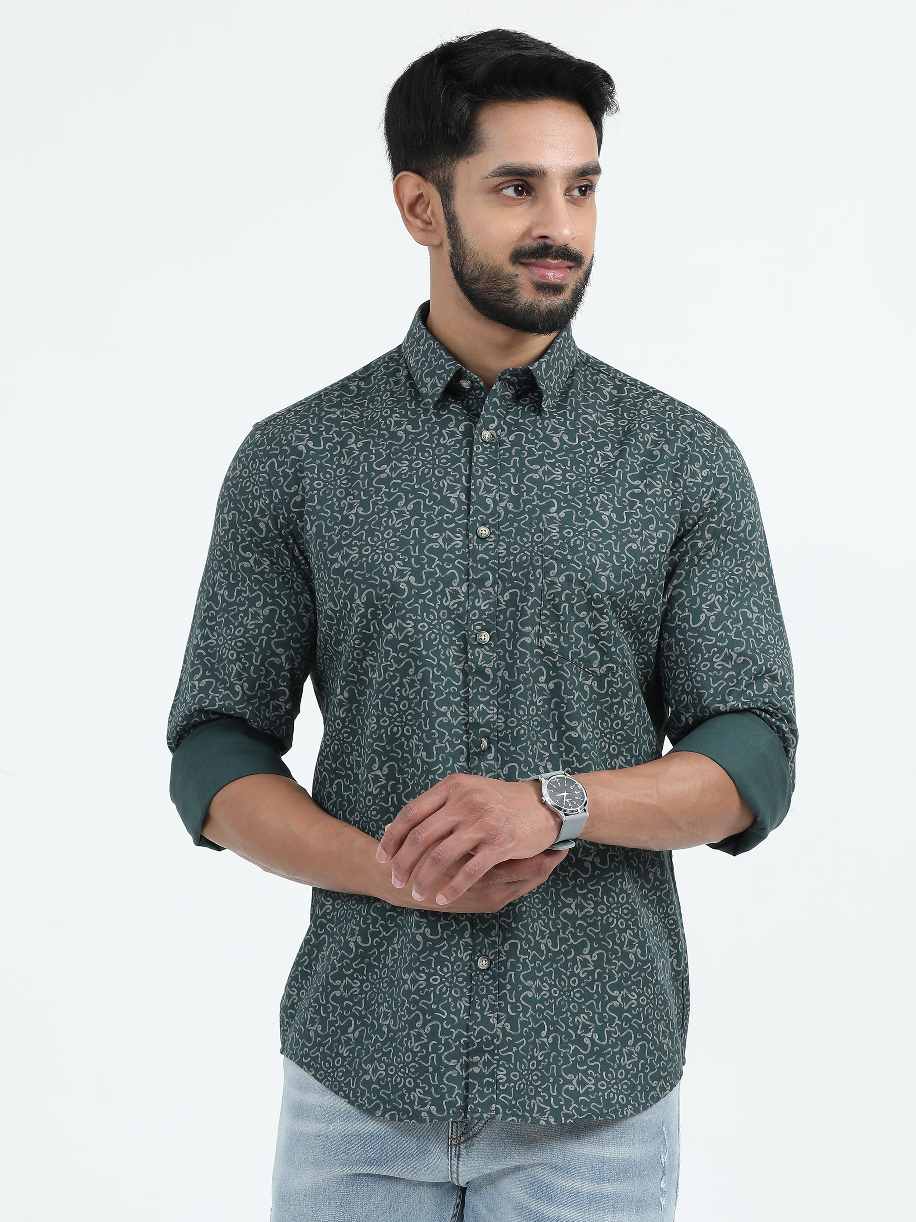 MEN'S GREEN PRINT SLIM FIT SHIRT