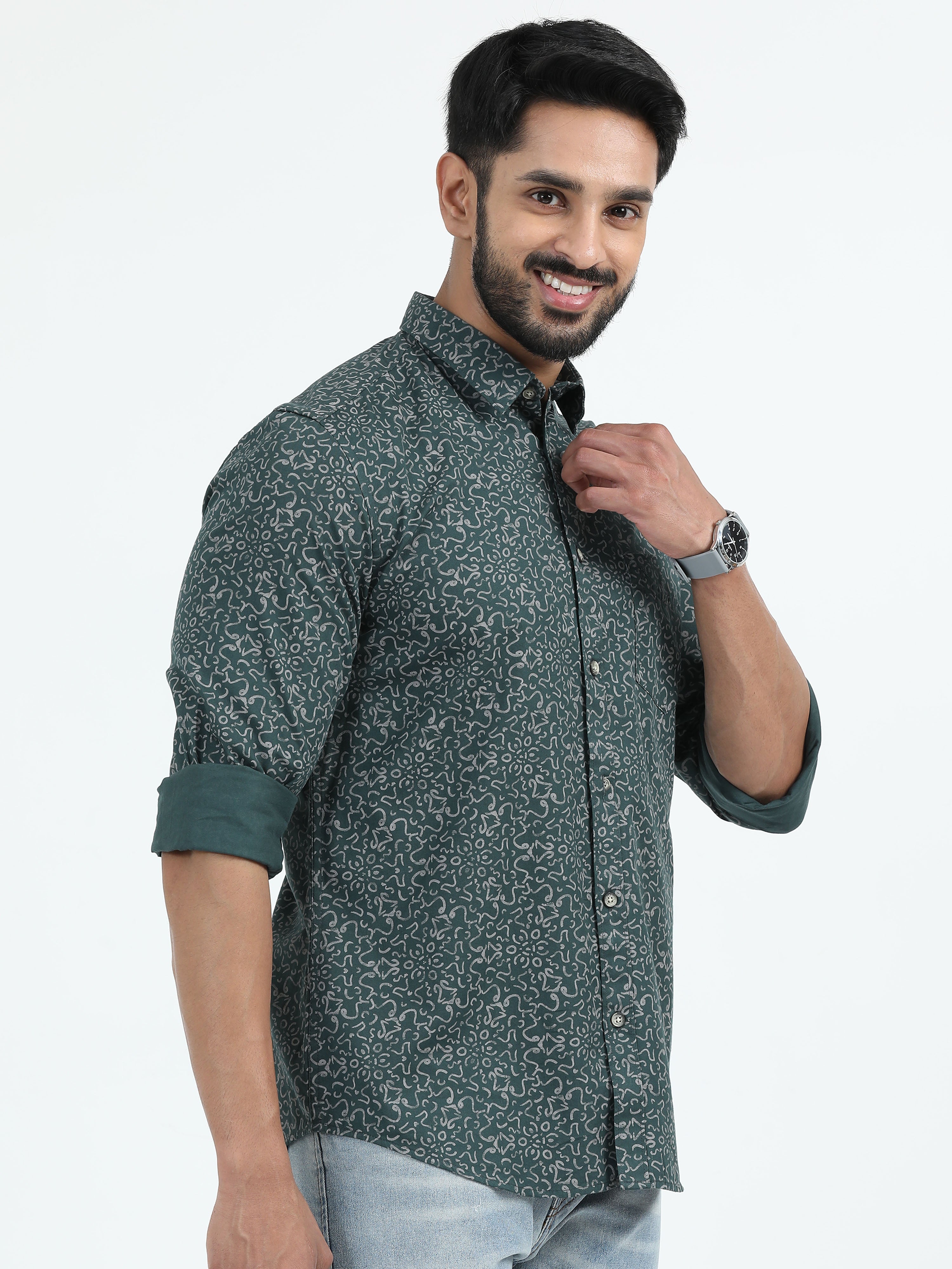 MEN'S GREEN PRINT SLIM FIT SHIRT