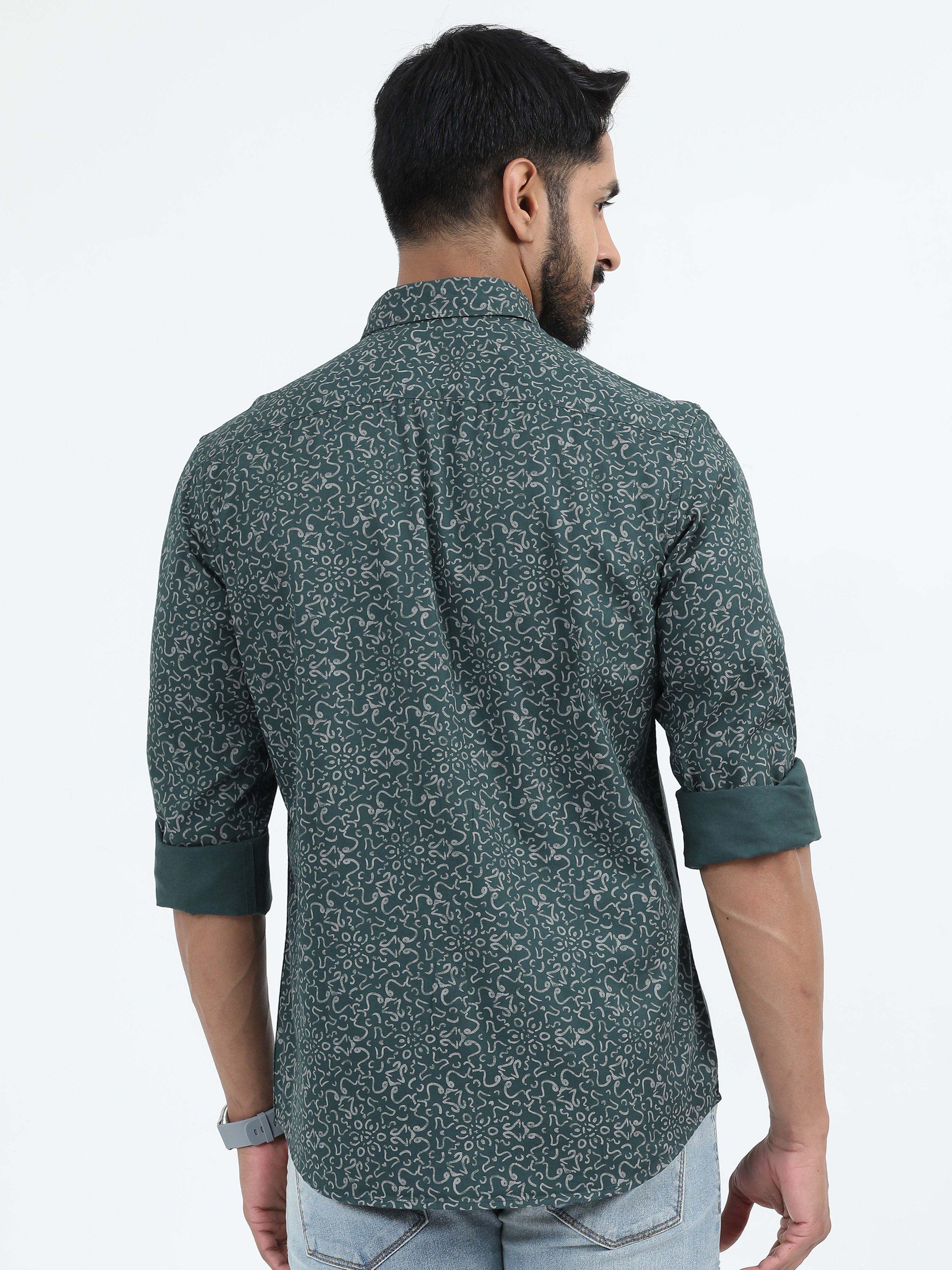 MEN'S GREEN PRINT SLIM FIT SHIRT