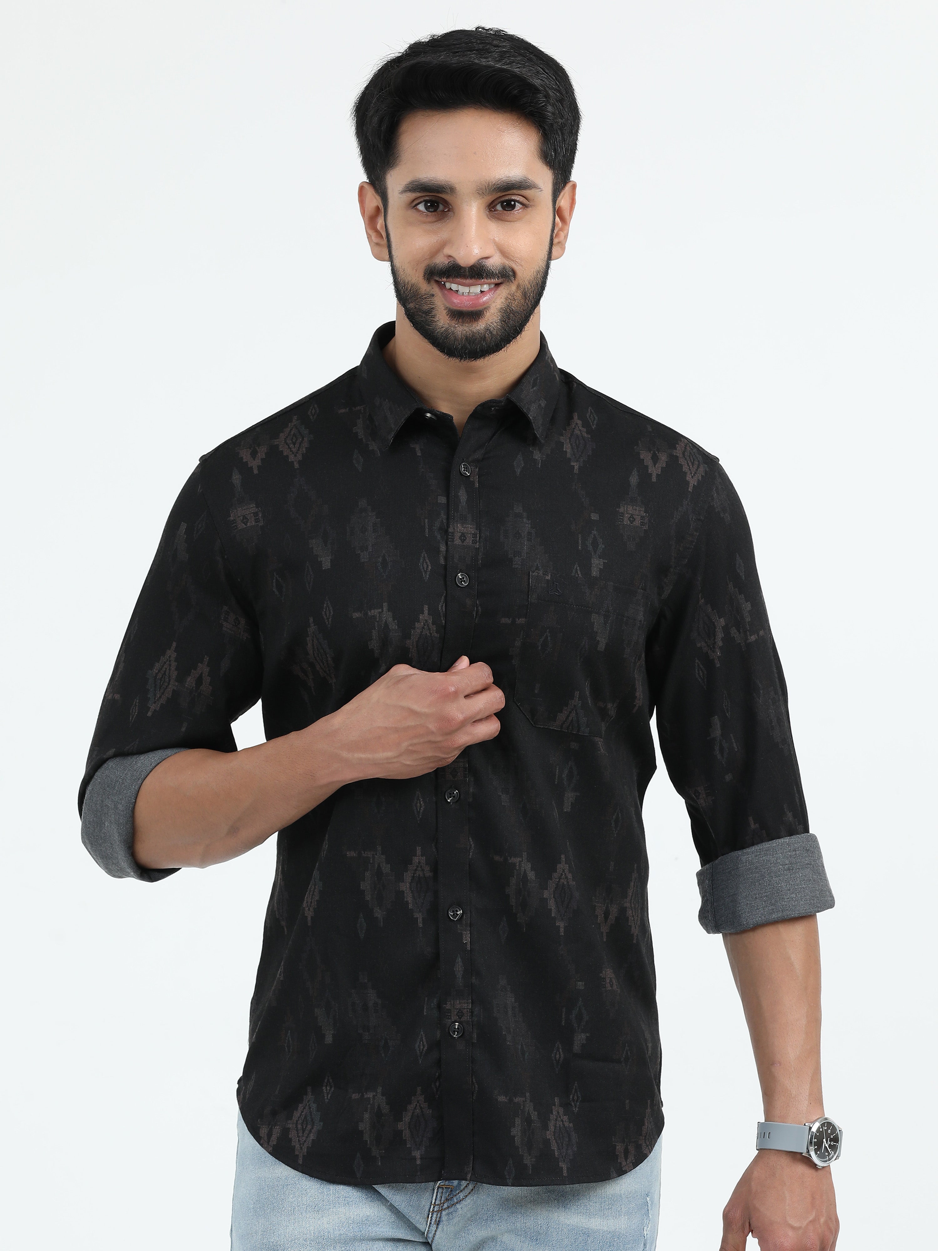 MEN'S BROWN PRINT SLIM FIT SHIRT