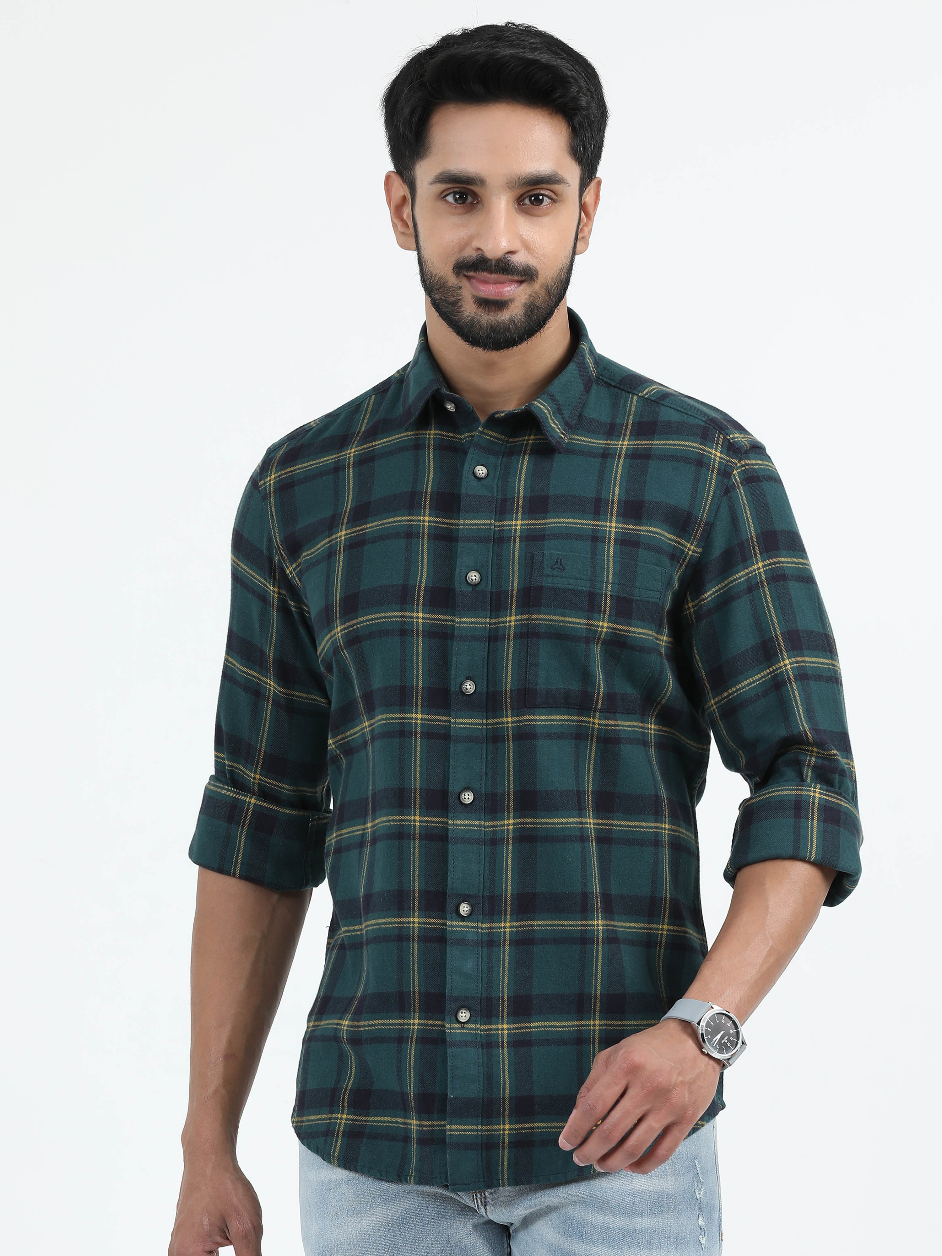 MEN'S GREEN CHECKS SLIM FIT SHIRT