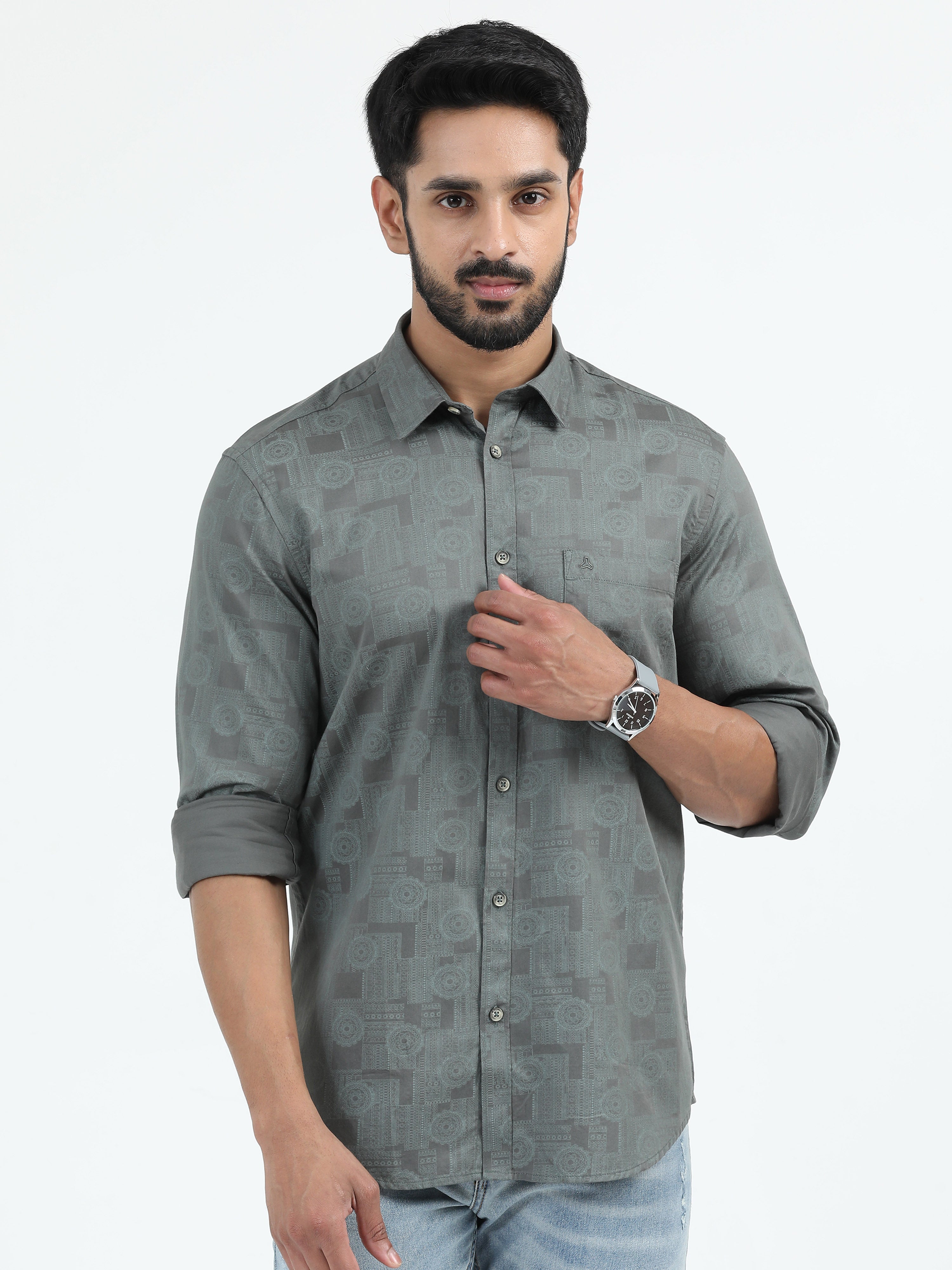 MEN'S GREEN PRINT SLIM FIT SHIRT