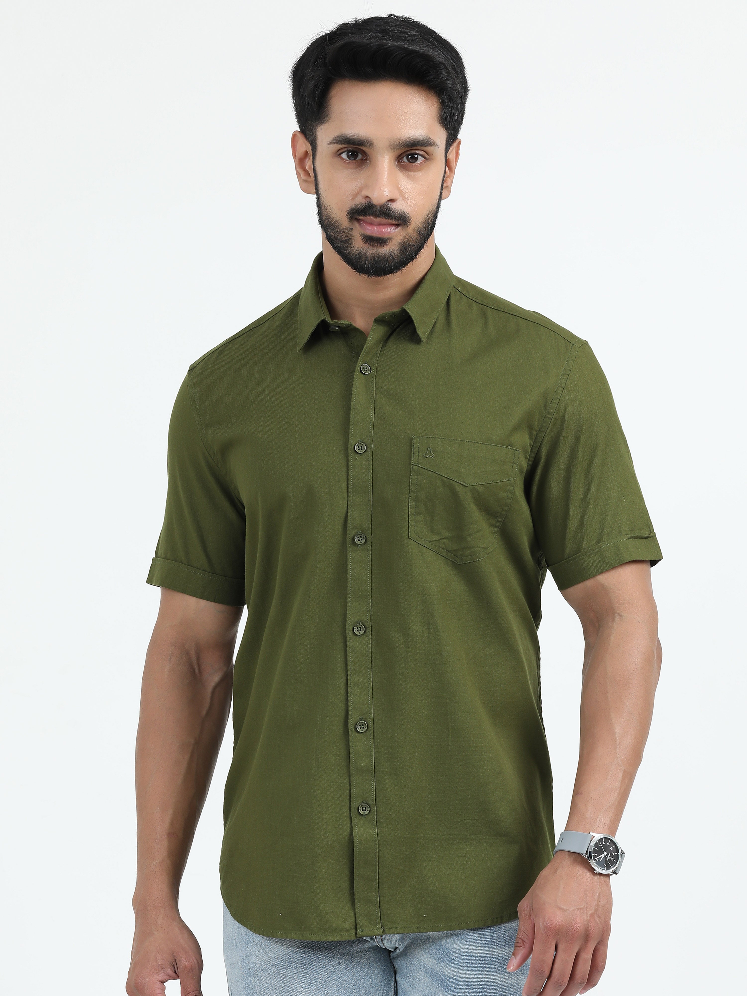 MEN'S OLIVE SOLID SLIM FIT SHIRT