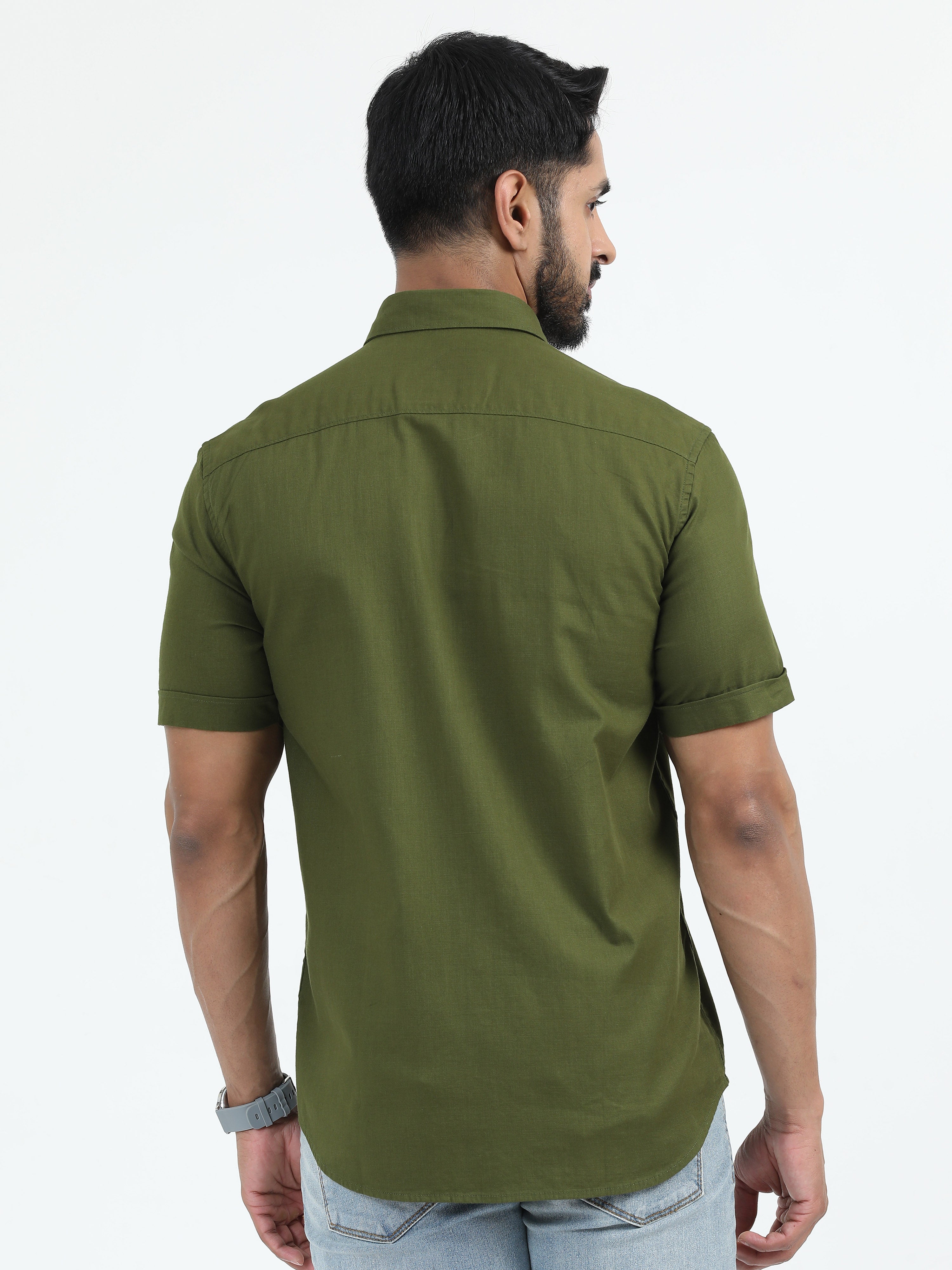 MEN'S OLIVE SOLID SLIM FIT SHIRT