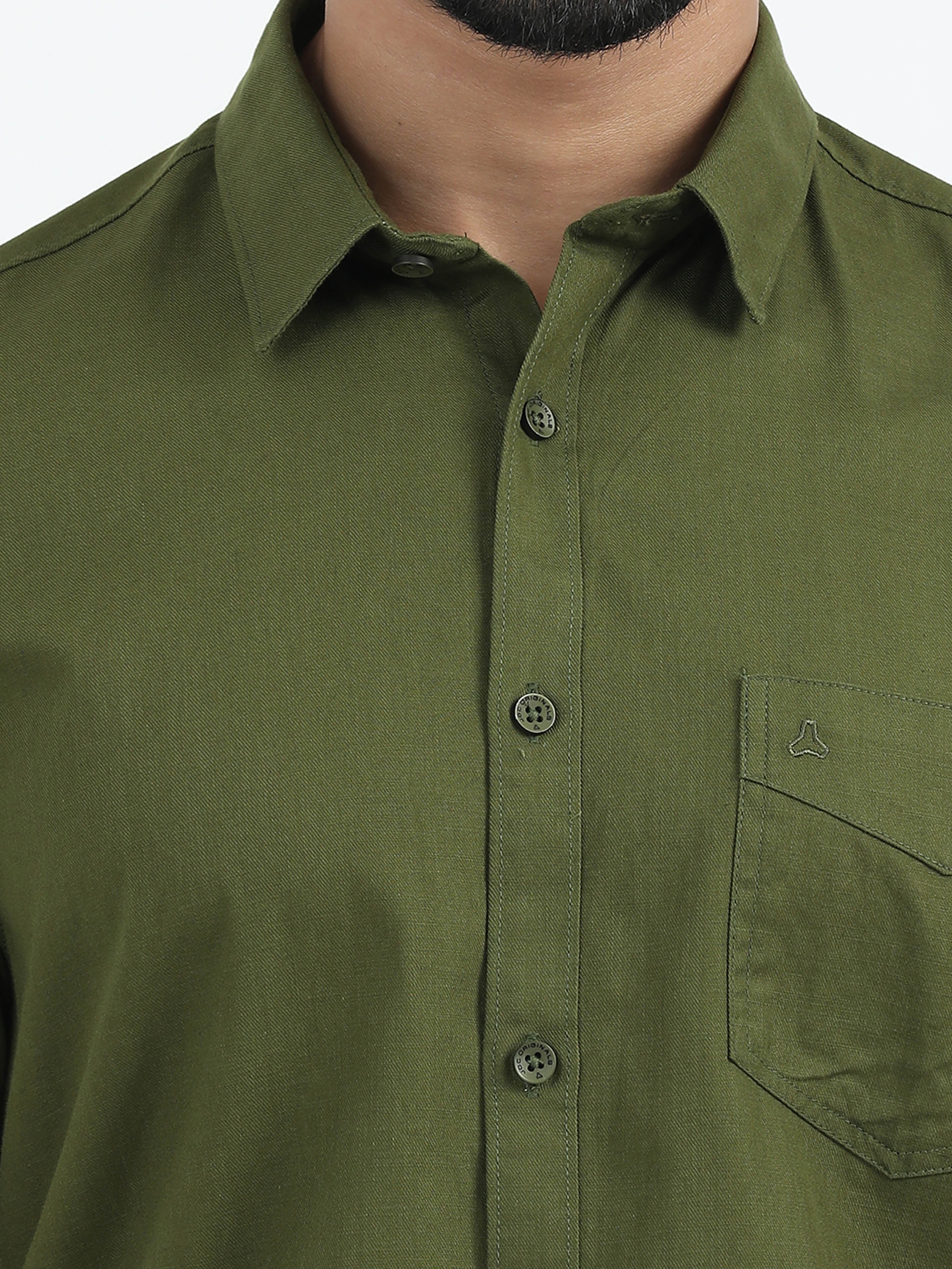 MEN'S OLIVE SOLID SLIM FIT SHIRT