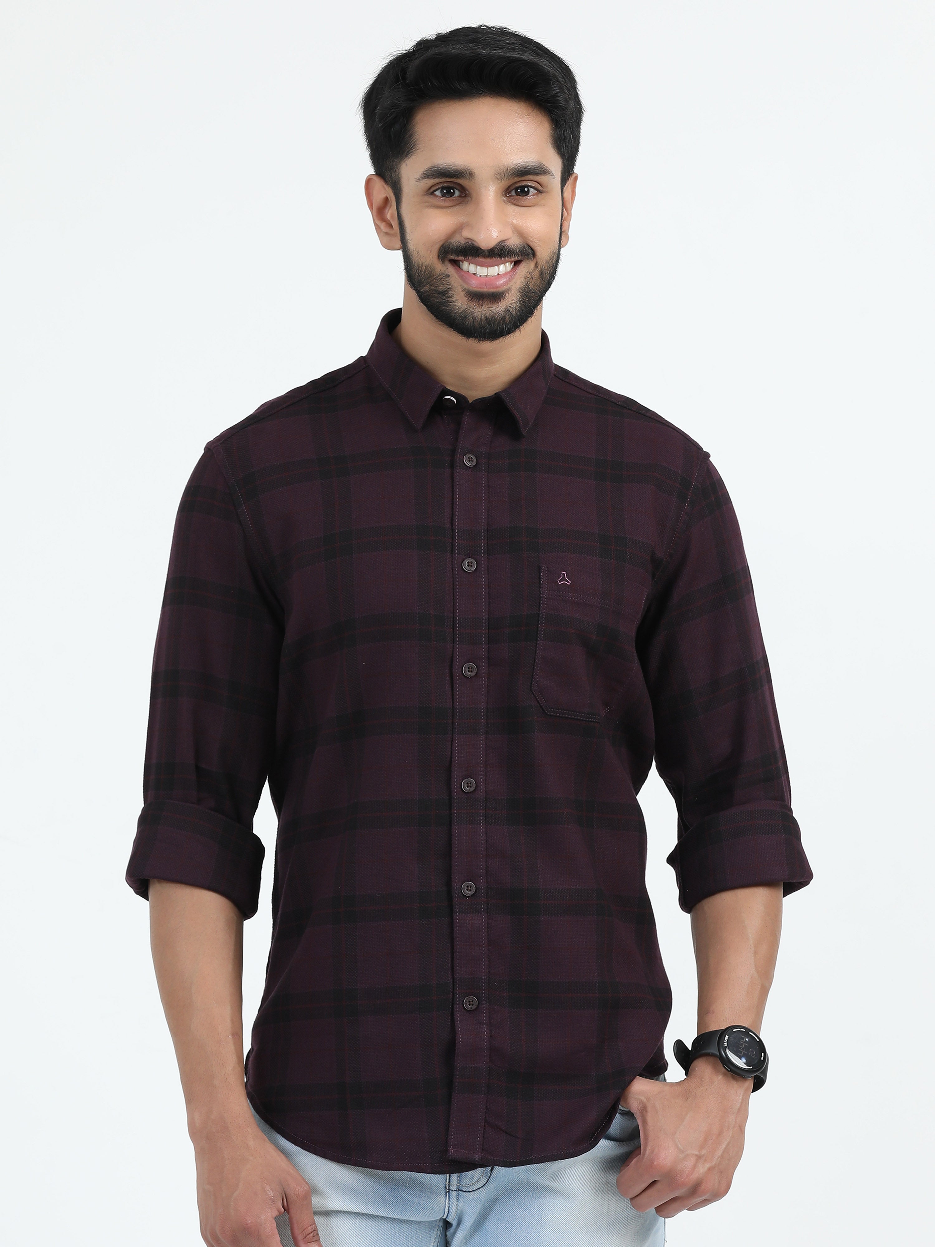 MEN'S BURGUNDY CHECKS  SLIM FIT SHIRT