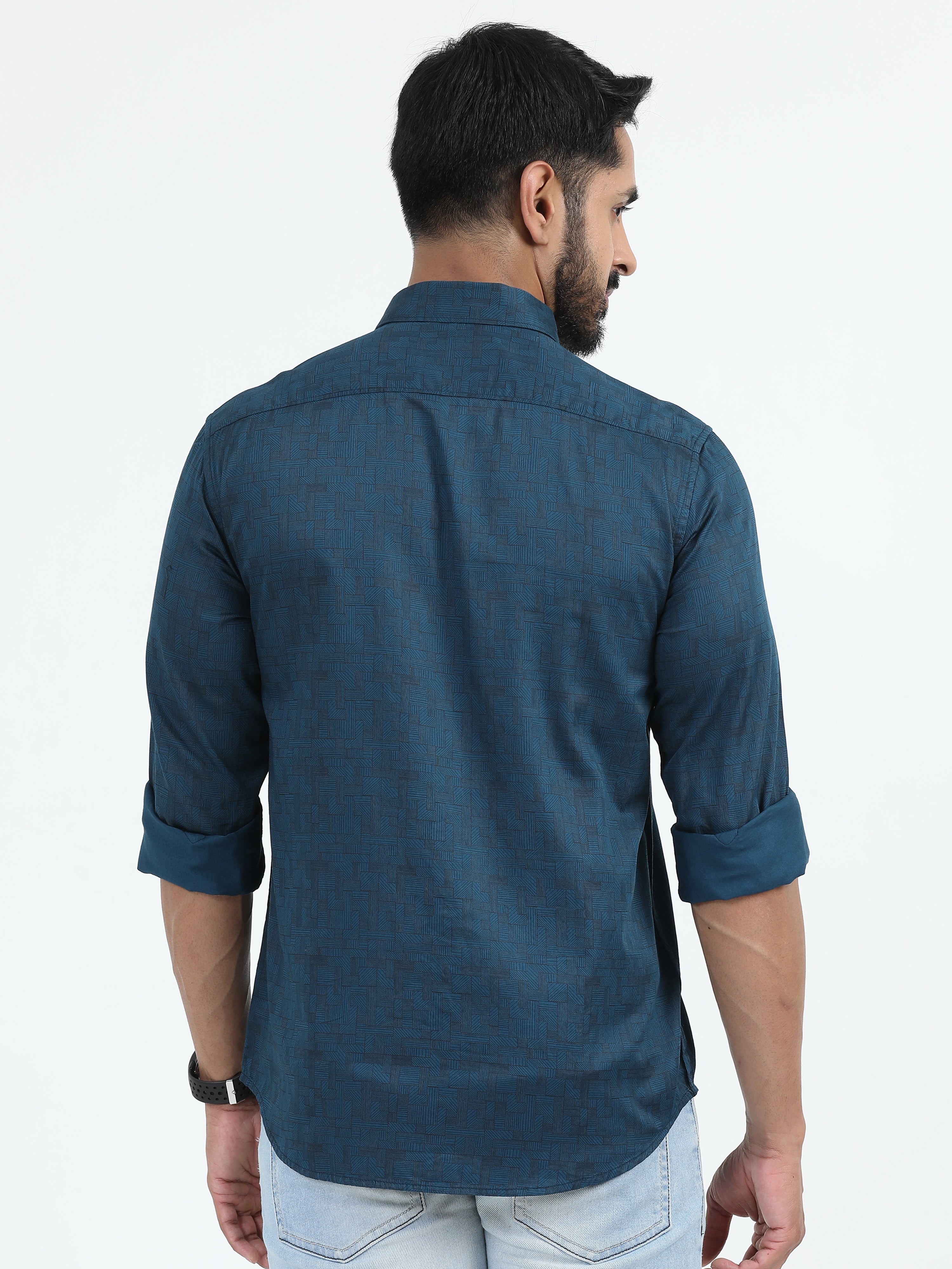 MEN'S P.BLUE  PRINT SLIM FIT SHIRT