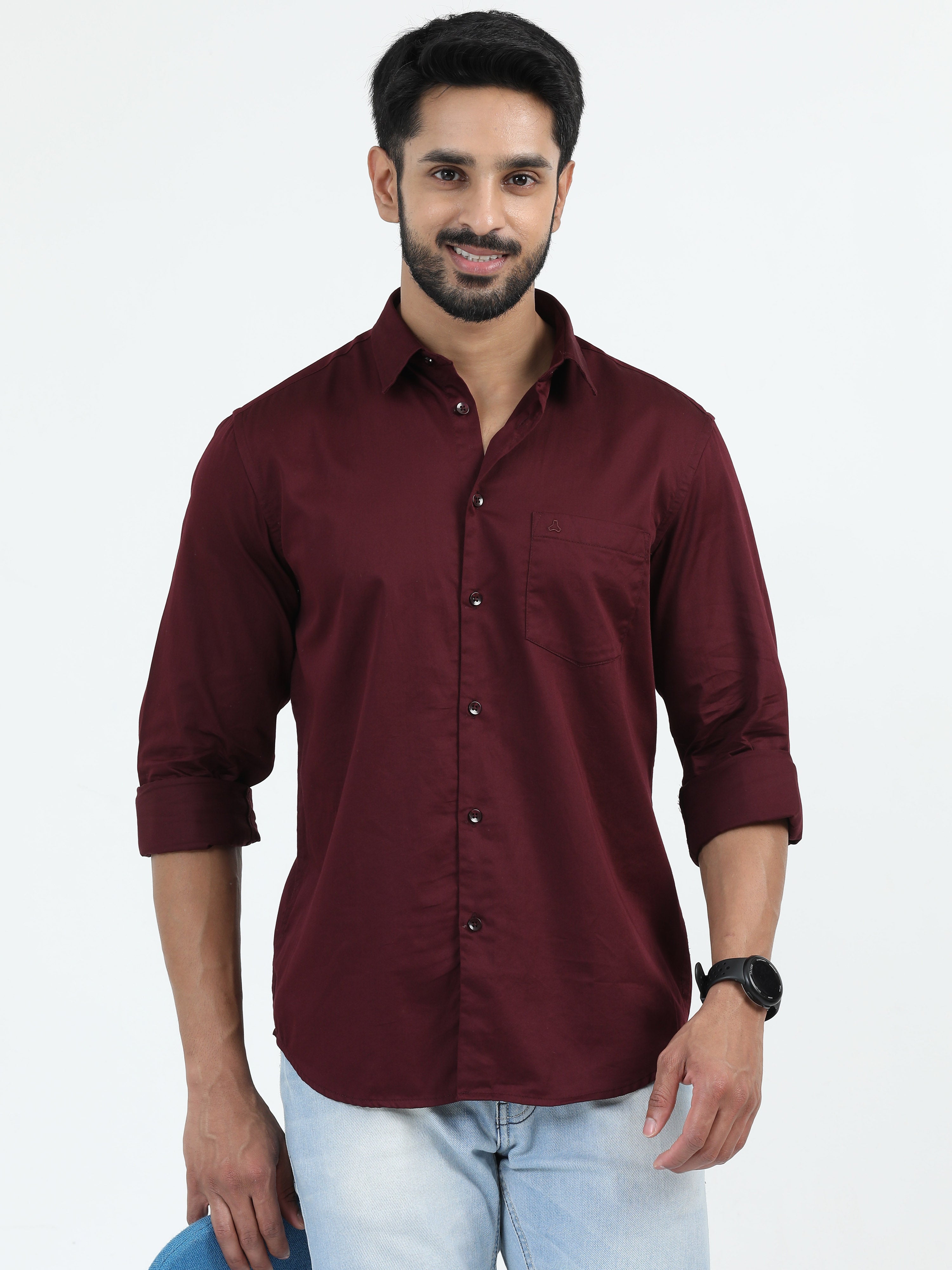 MEN'S MAROON SOLID SLIM FIT SHIRT