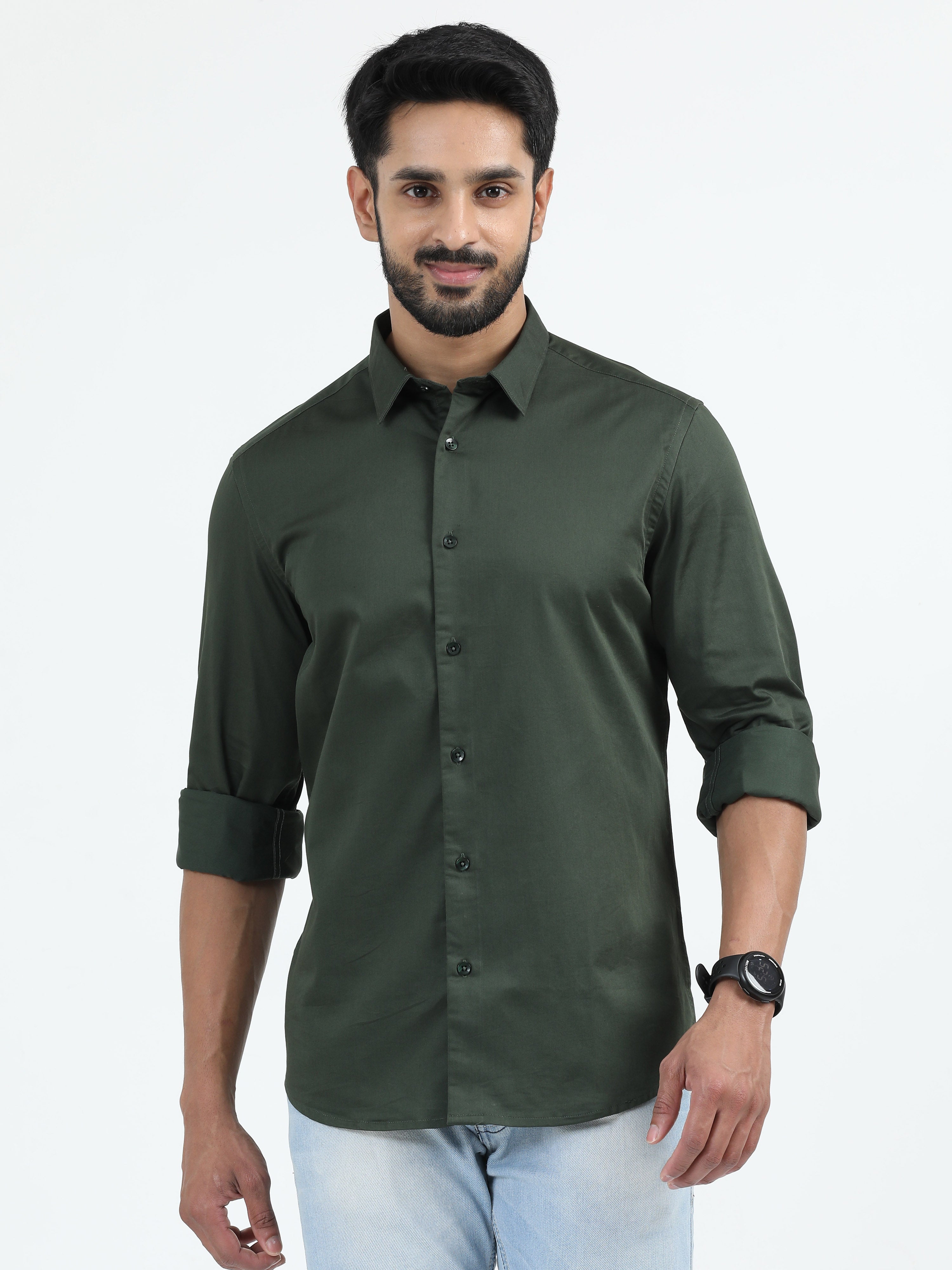 MEN'S BOTTLE GREEN SOLID SLIM FIT SHIRT