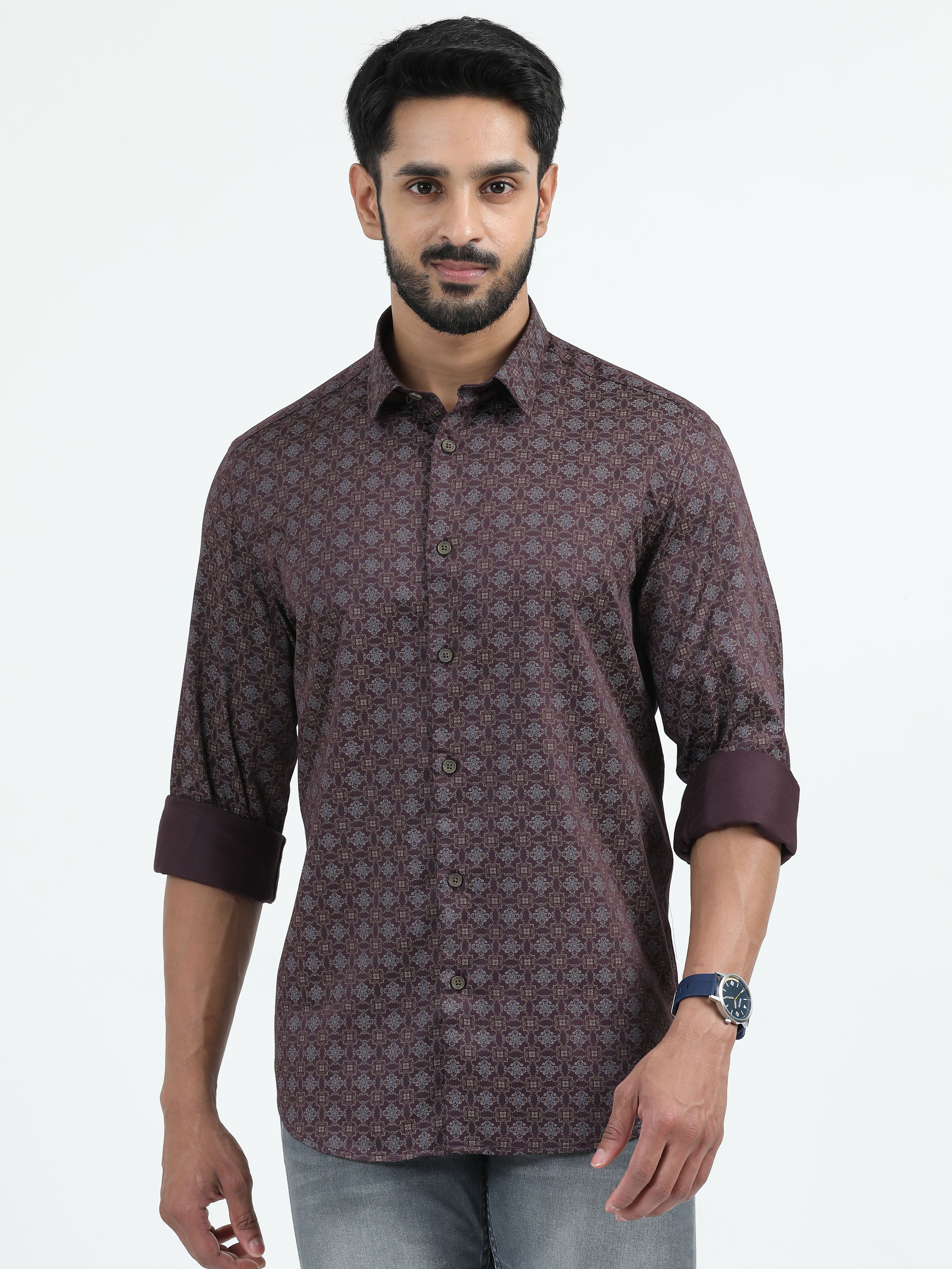 MEN'S MAROON PRINT SLIM FIT SHIRT