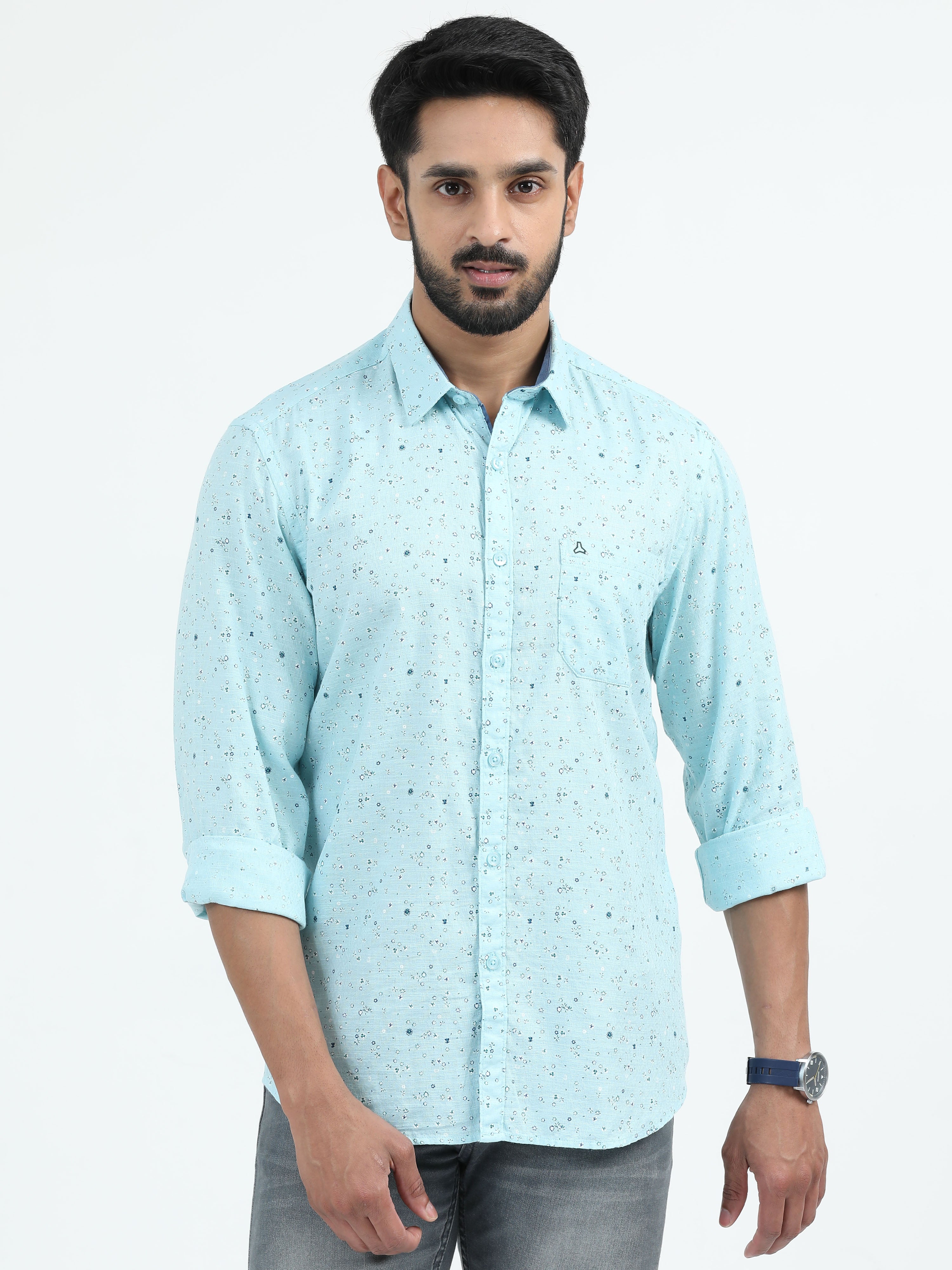 MEN'S TEEL BLUE PRINTED SLIM FIT SHIRT