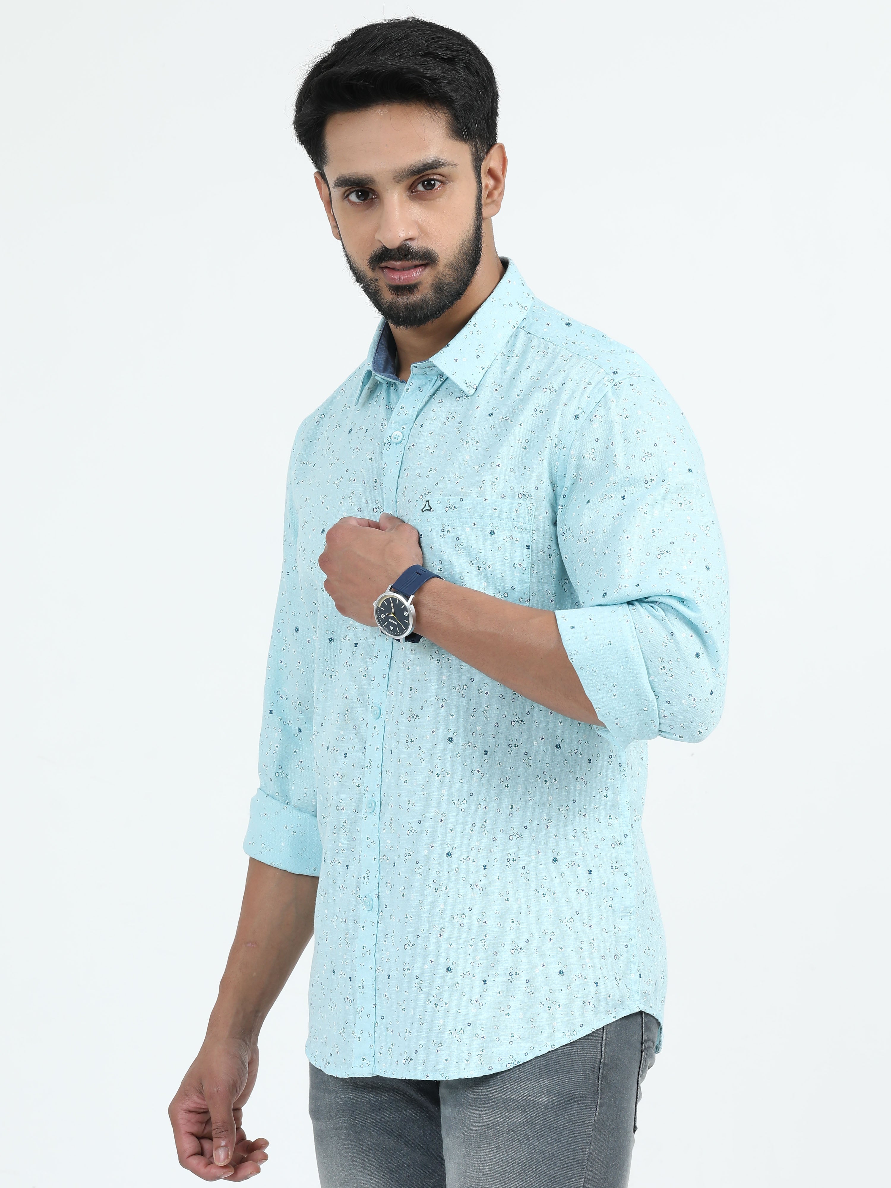 MEN'S TEEL BLUE PRINTED SLIM FIT SHIRT