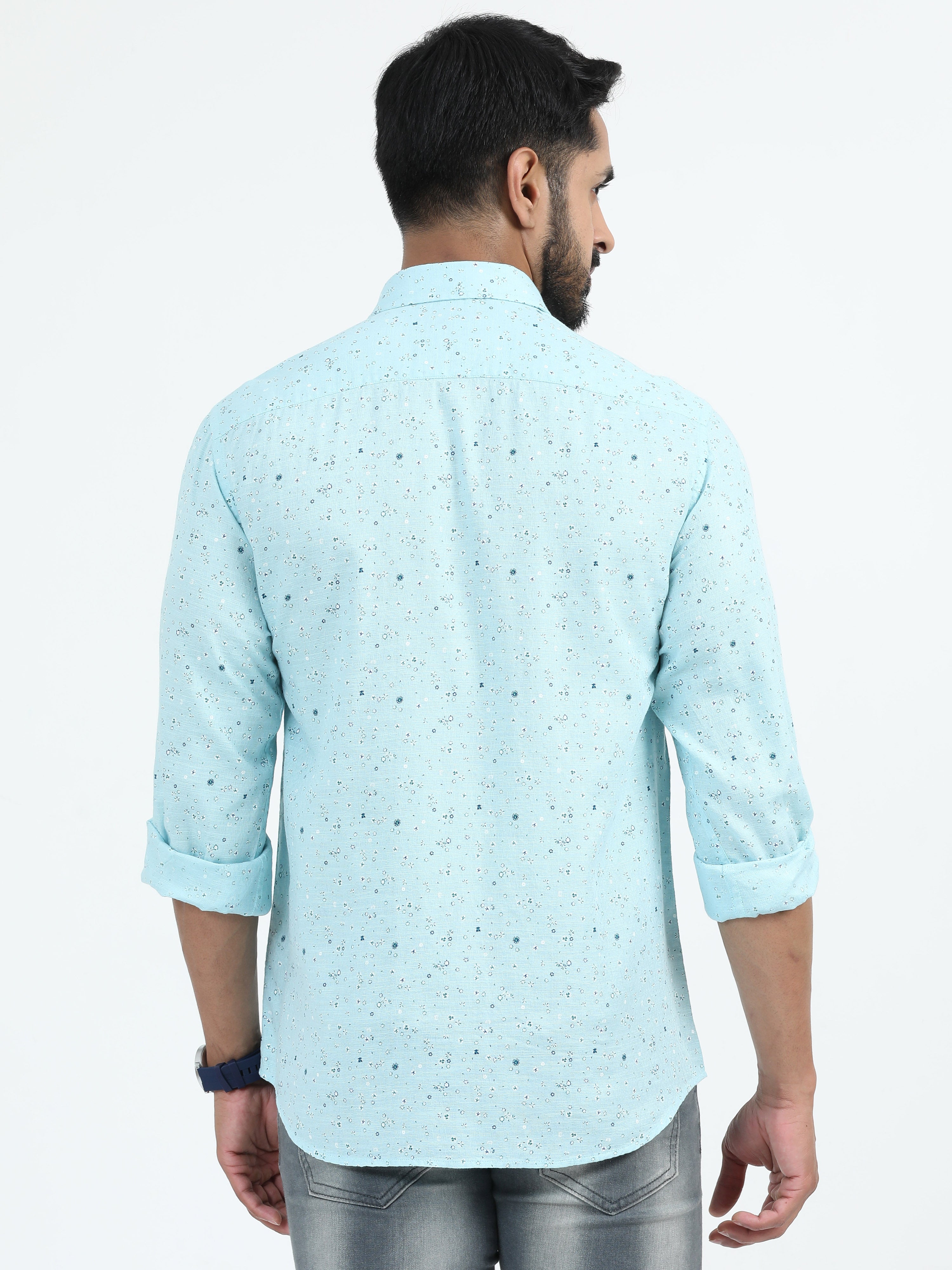 MEN'S TEEL BLUE PRINTED SLIM FIT SHIRT