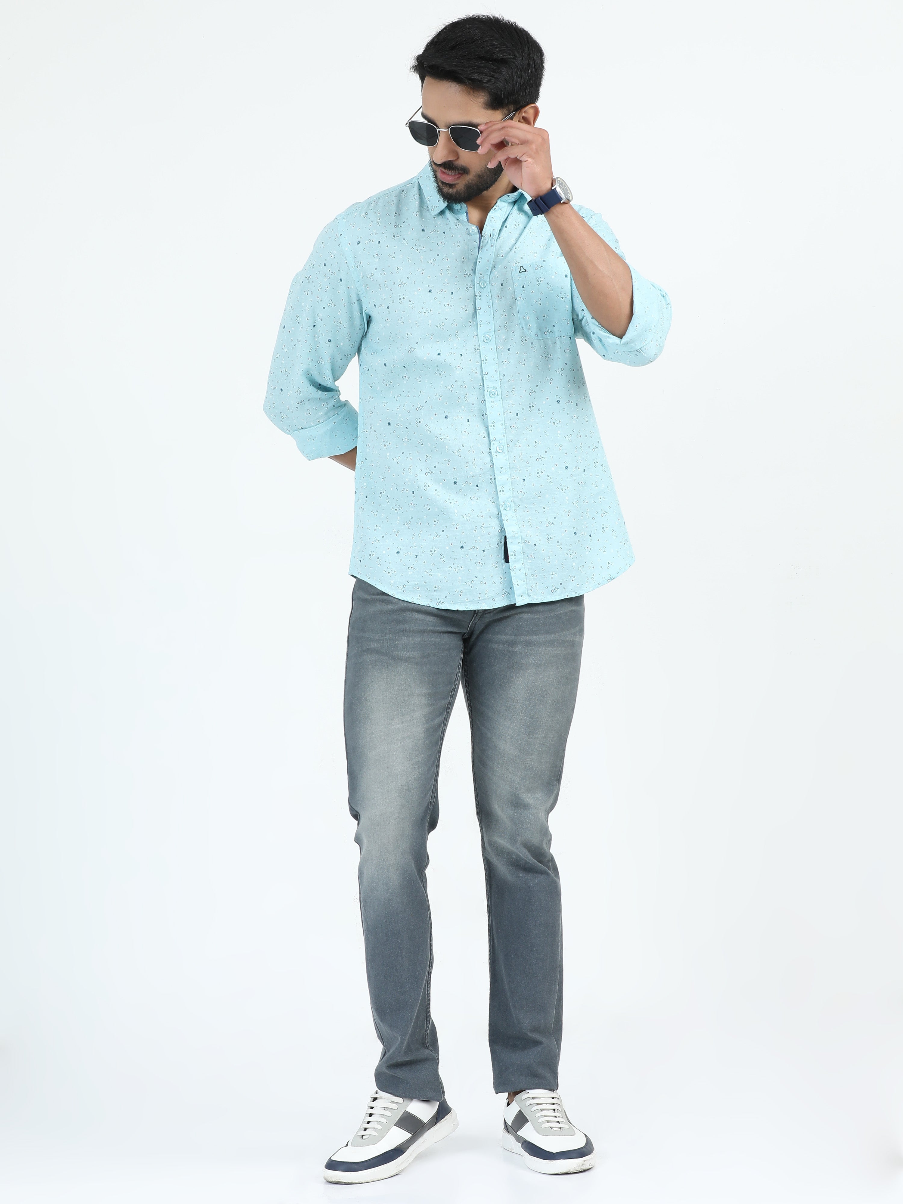 MEN'S TEEL BLUE PRINTED SLIM FIT SHIRT