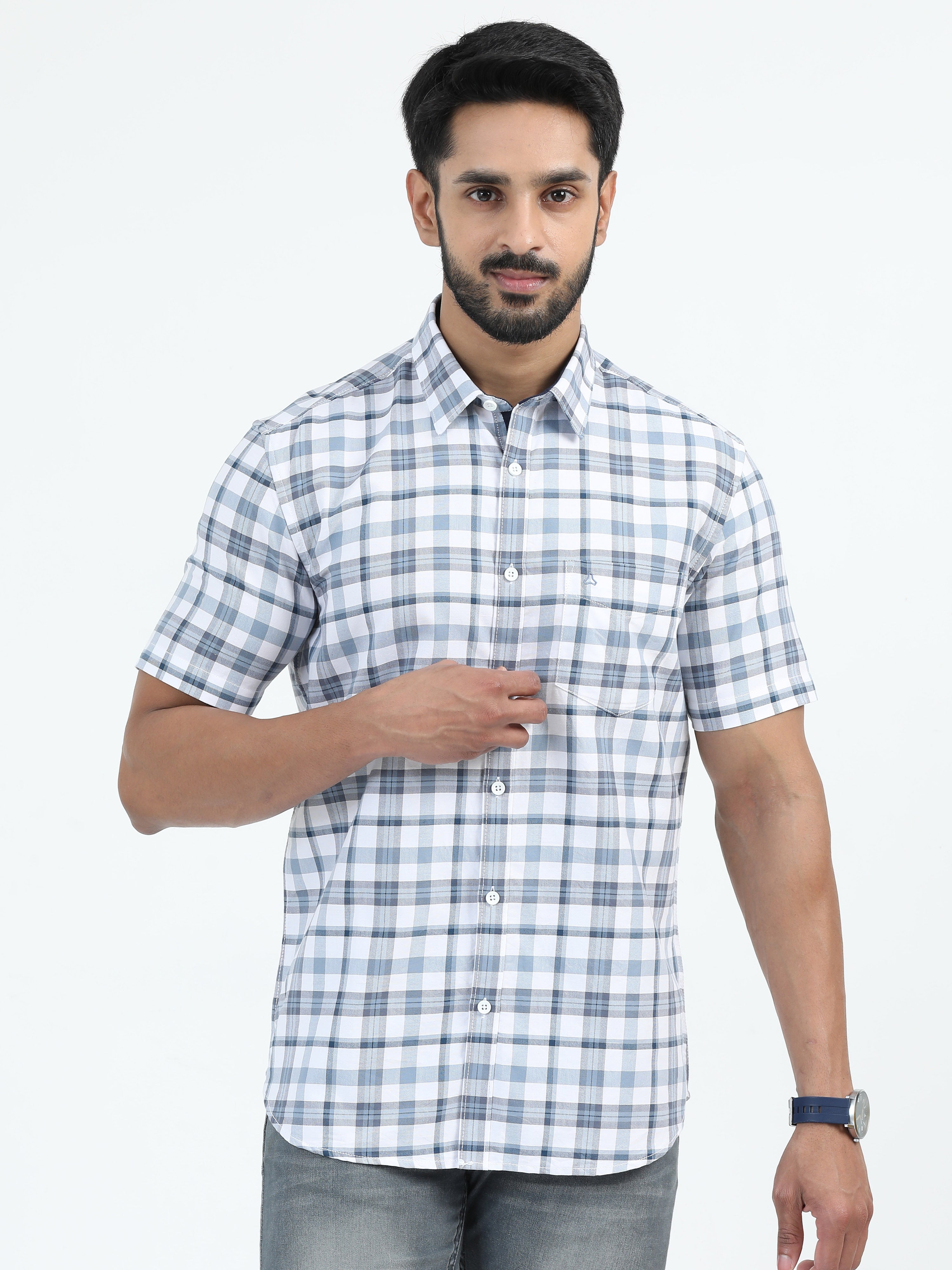 MEN'S DULL BLUE CHECKS SLIM FIT SHIRT