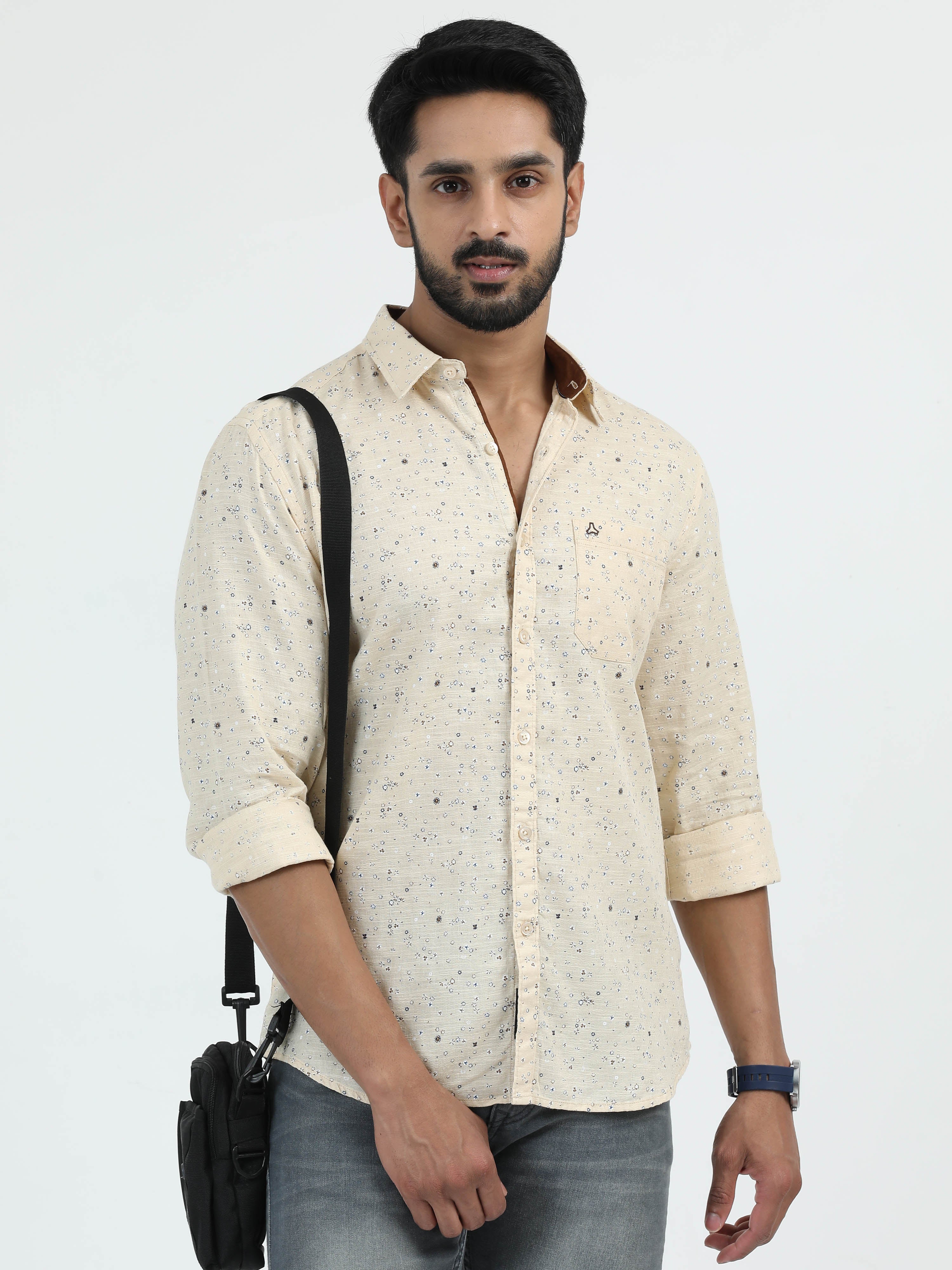 MEN'S CREAM PRINTED  SLIM FIT SHIRT