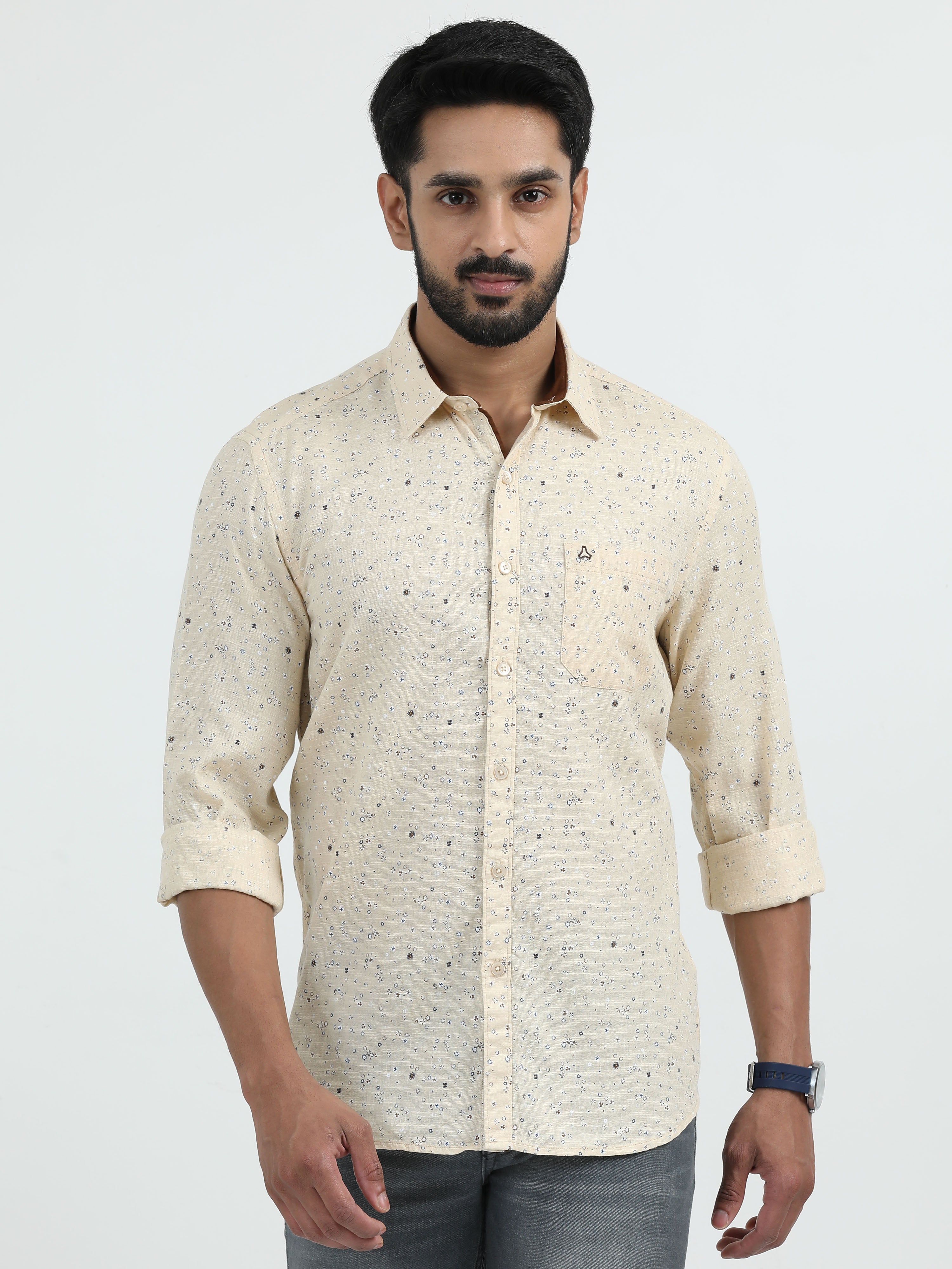 MEN'S CREAM PRINTED  SLIM FIT SHIRT