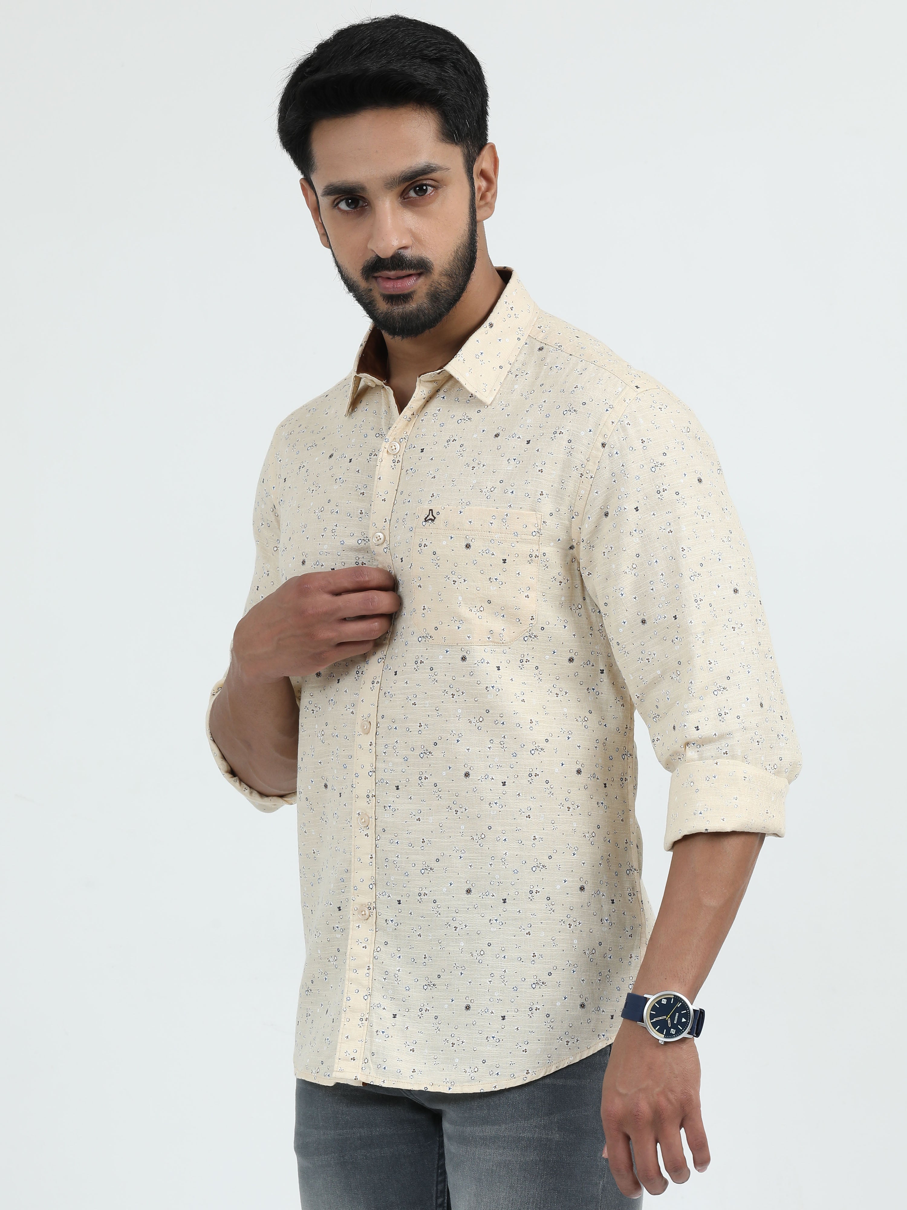 MEN'S CREAM PRINTED  SLIM FIT SHIRT