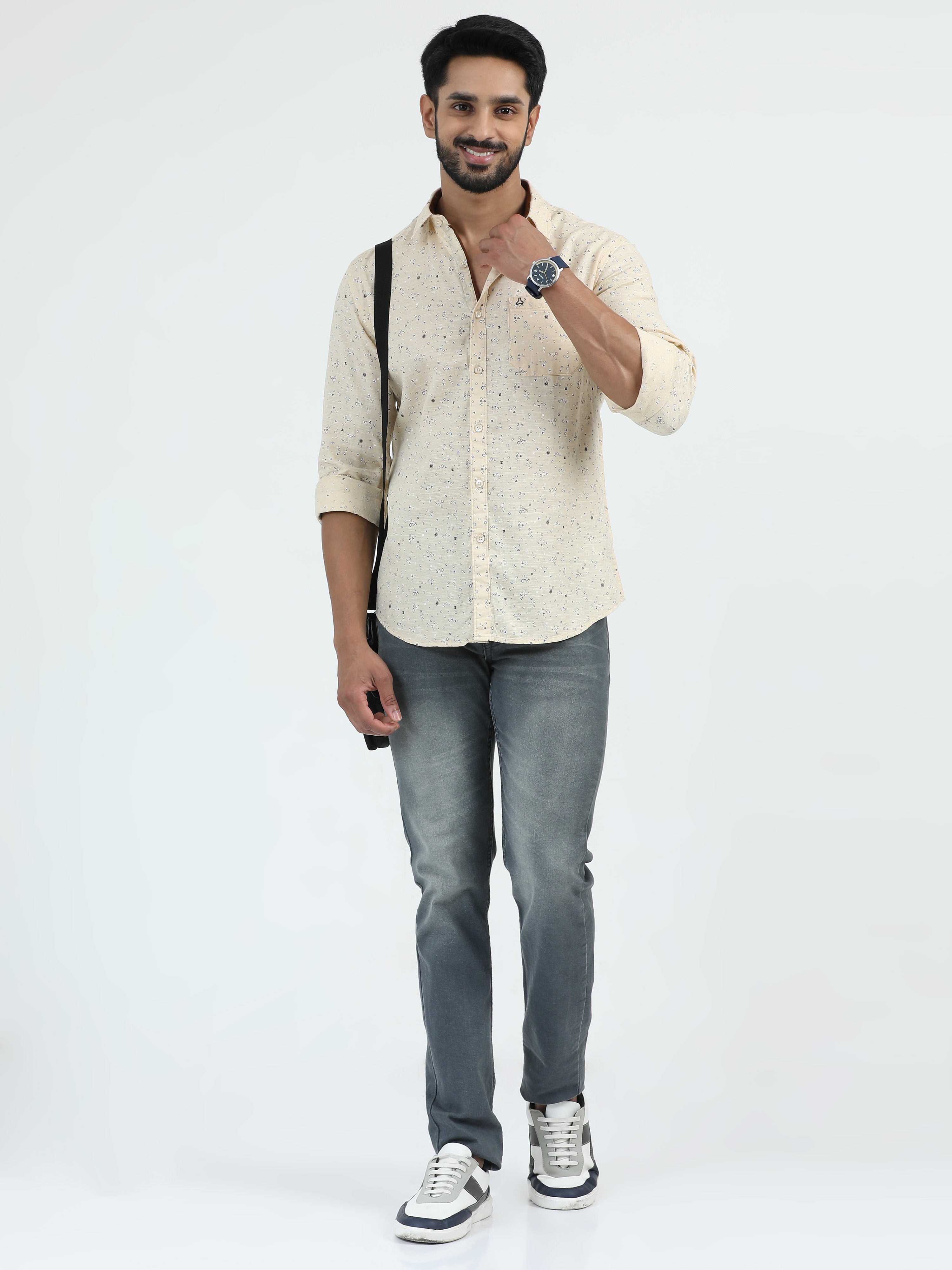 MEN'S CREAM PRINTED  SLIM FIT SHIRT