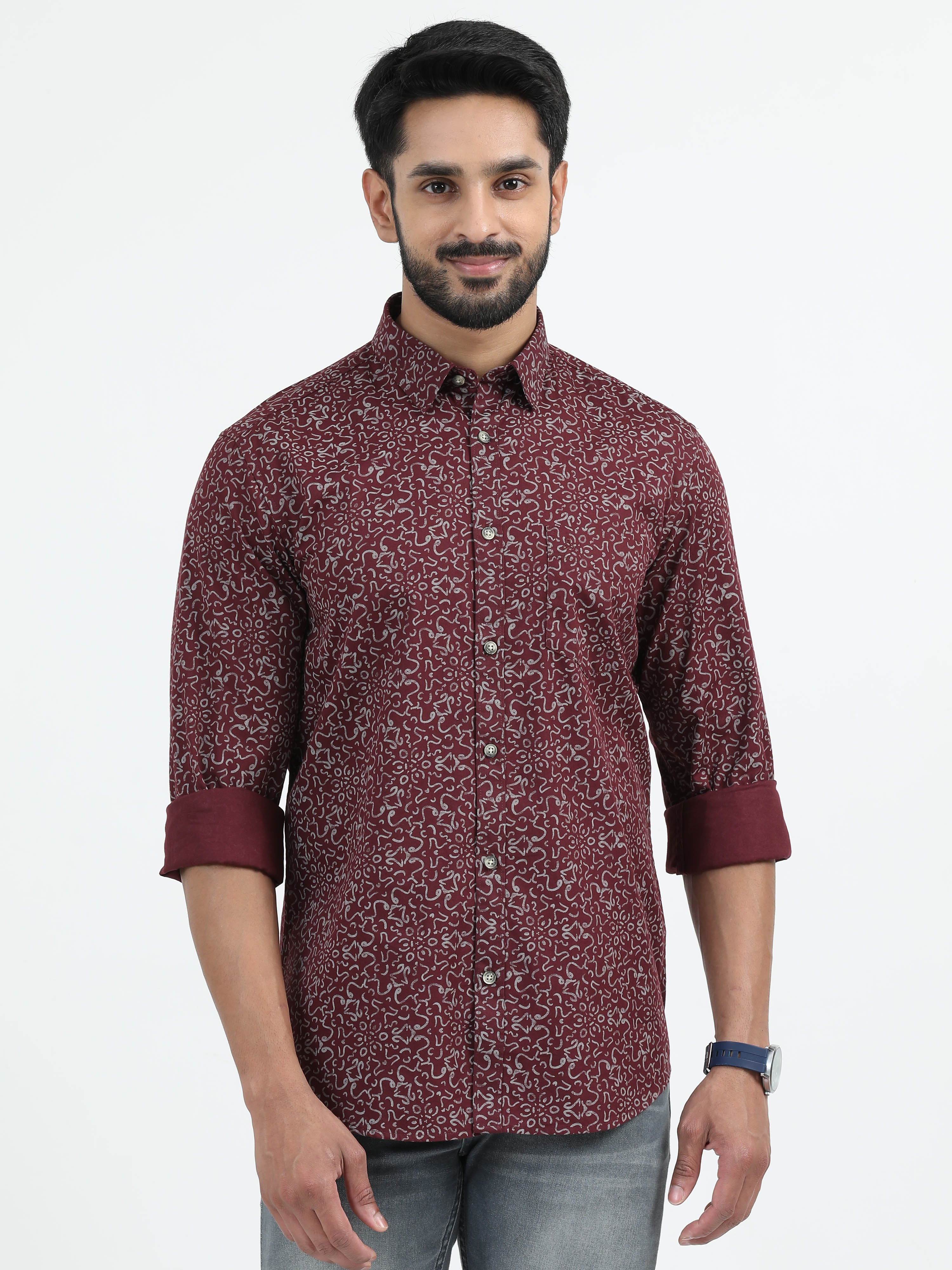 MEN'S MAROON PRINT SLIM FIT SHIRT