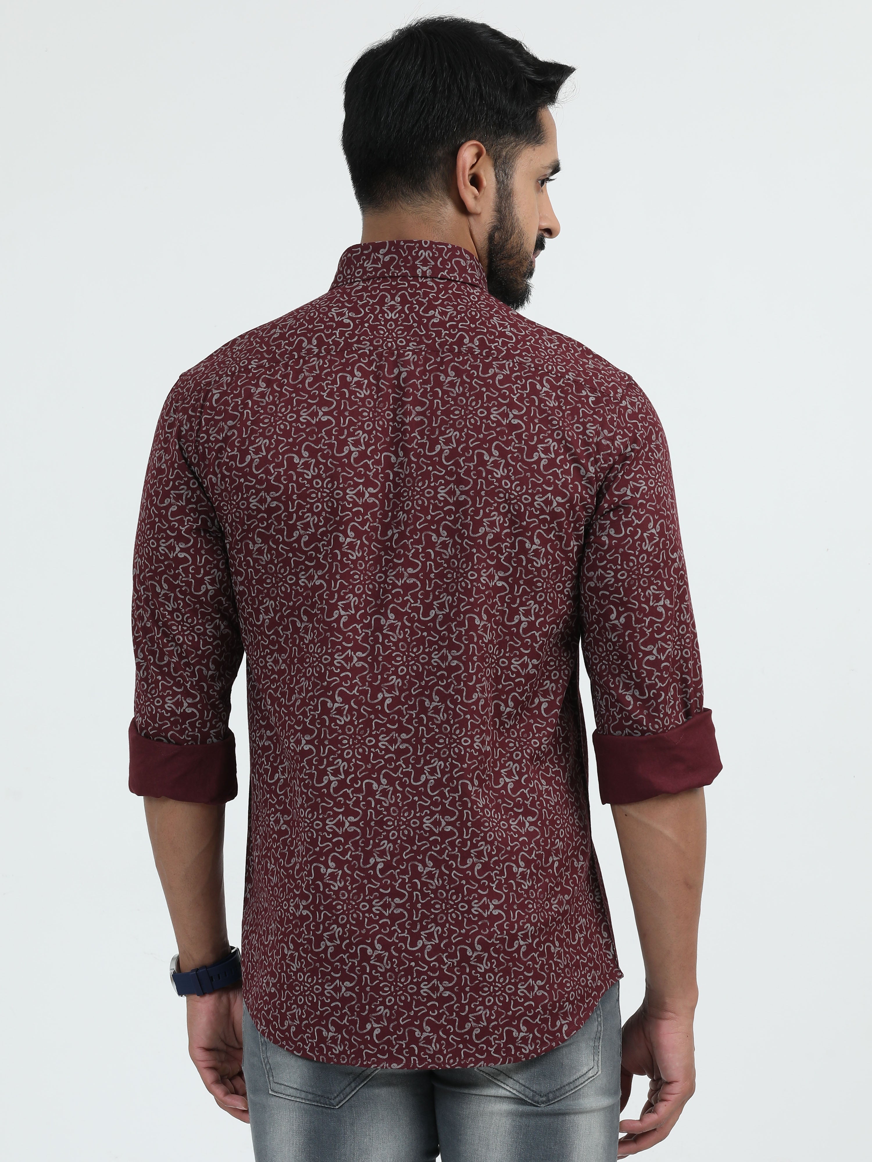 MEN'S MAROON PRINT SLIM FIT SHIRT