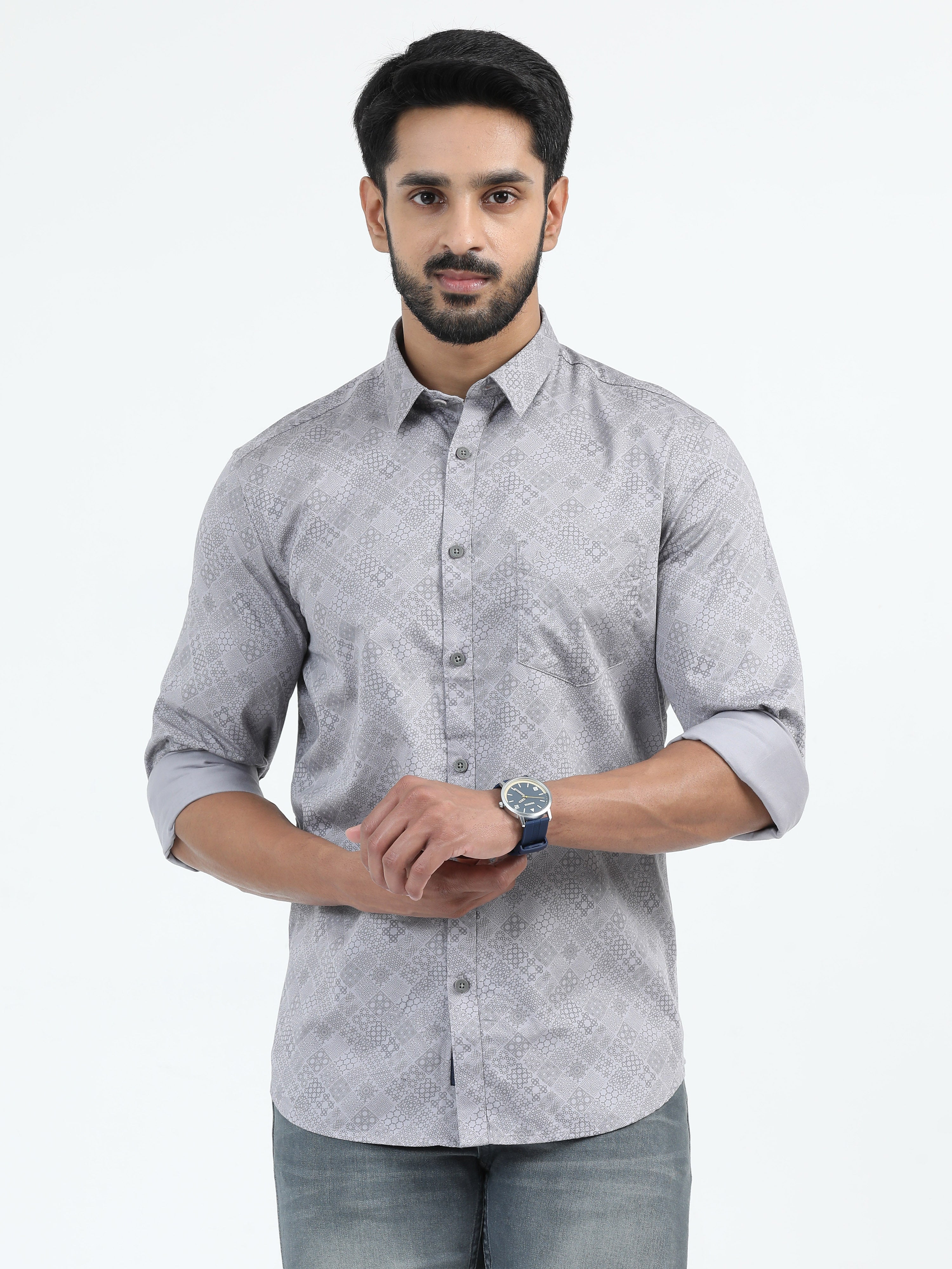 MEN'S GREY PRINT SLIM FIT SHIRT