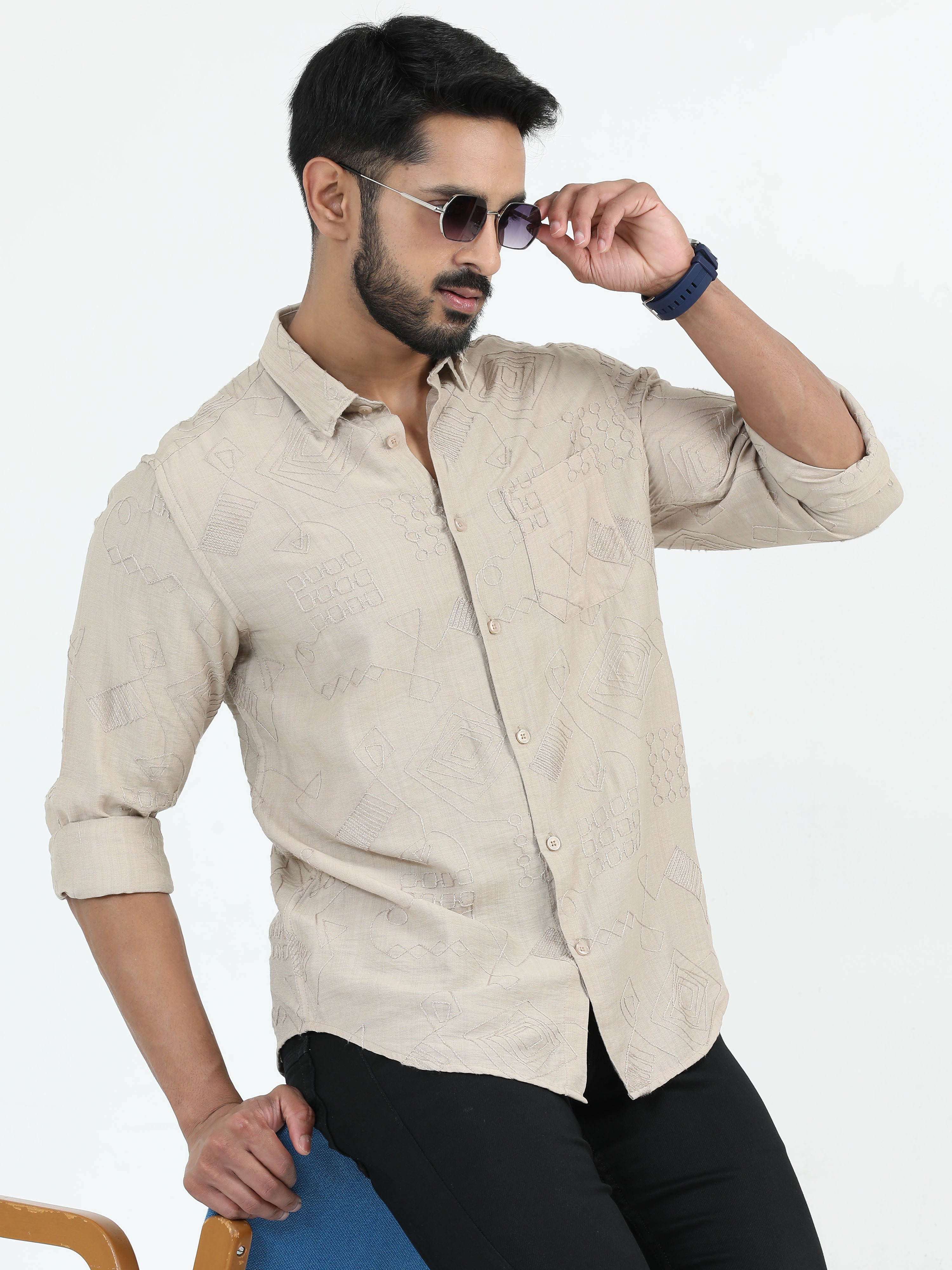 MEN'S BEIGE PRINT SLIM FIT SHIRT