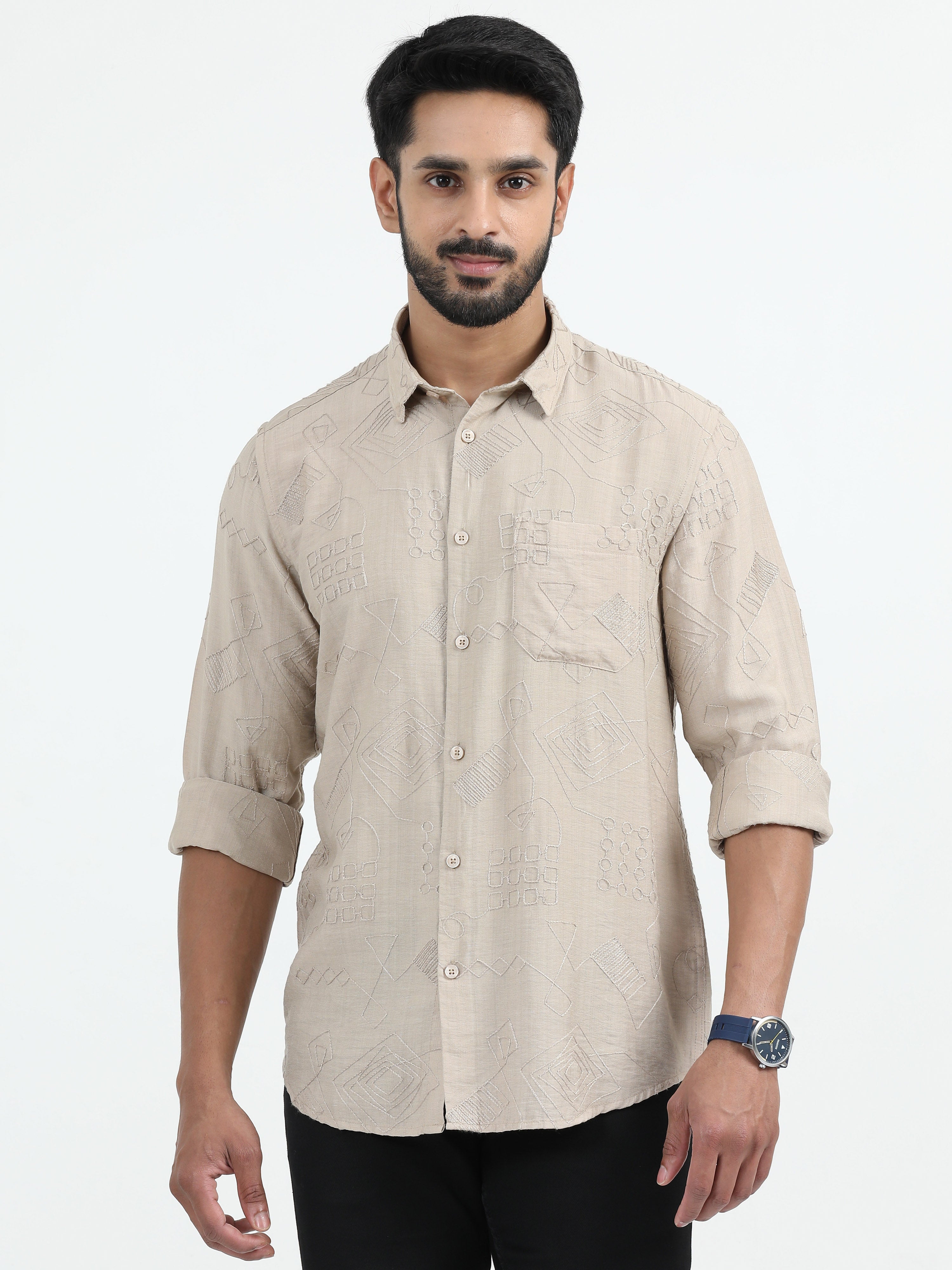 MEN'S BEIGE PRINT SLIM FIT SHIRT