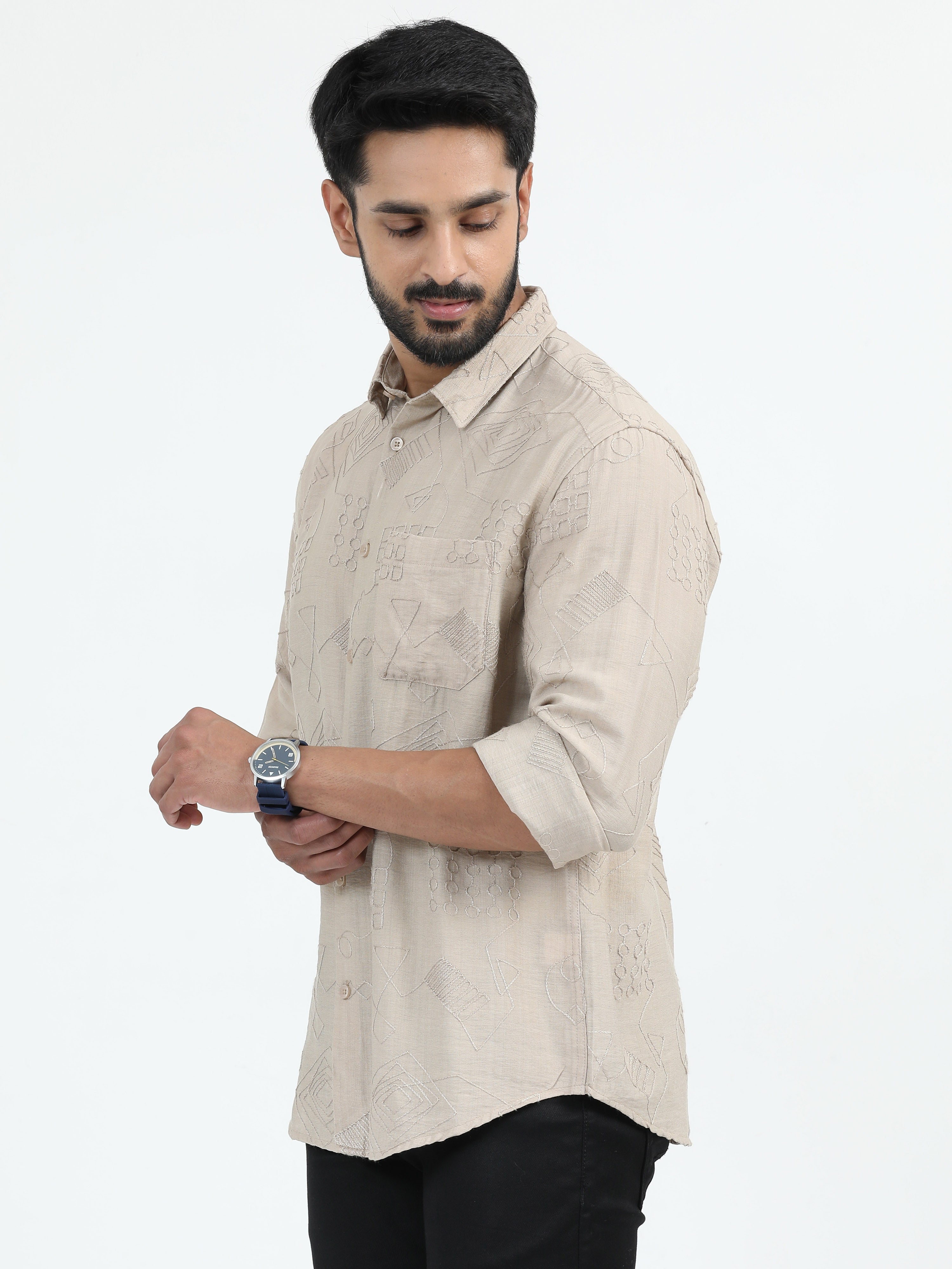 MEN'S BEIGE PRINT SLIM FIT SHIRT