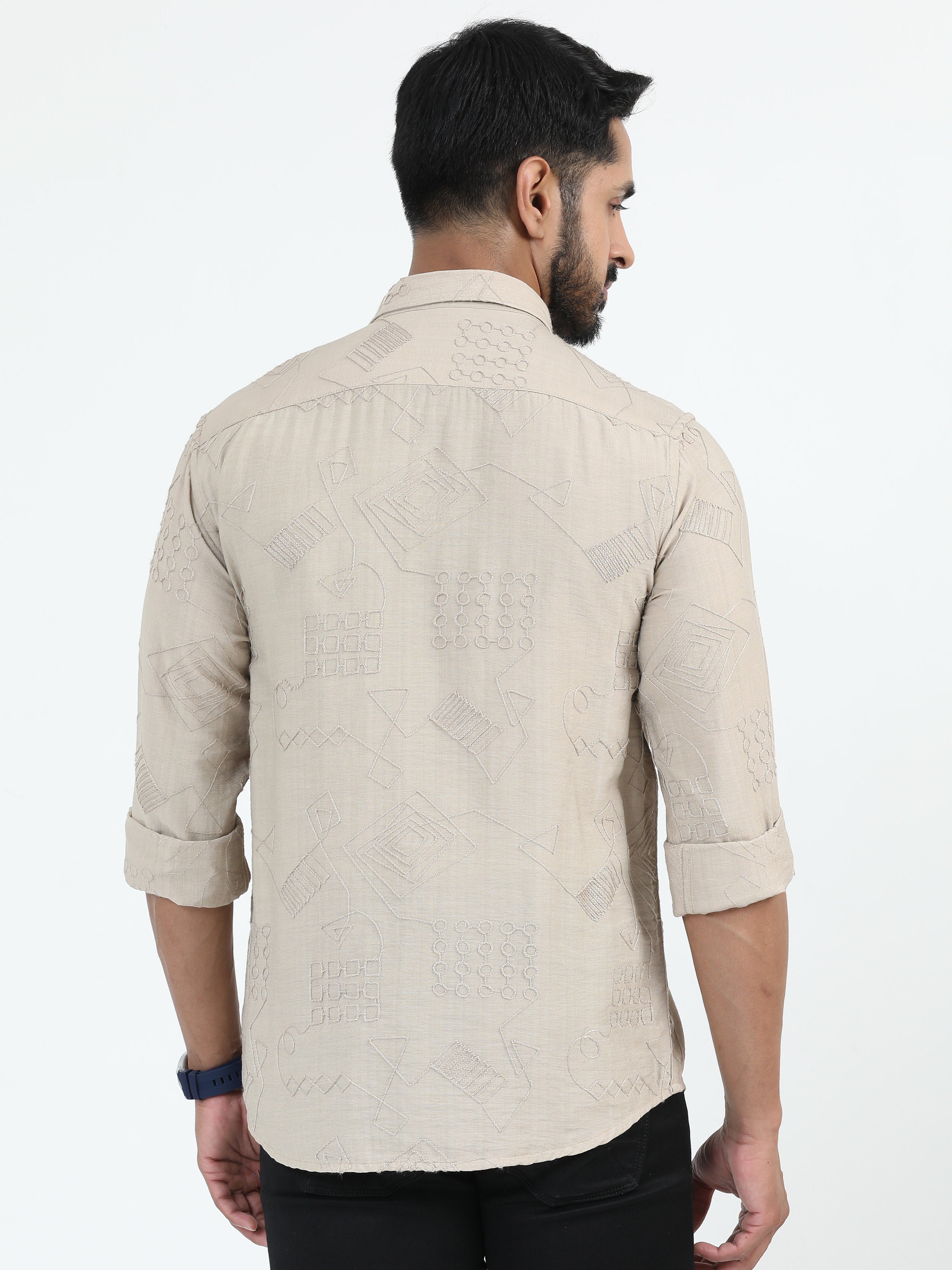 MEN'S BEIGE PRINT SLIM FIT SHIRT