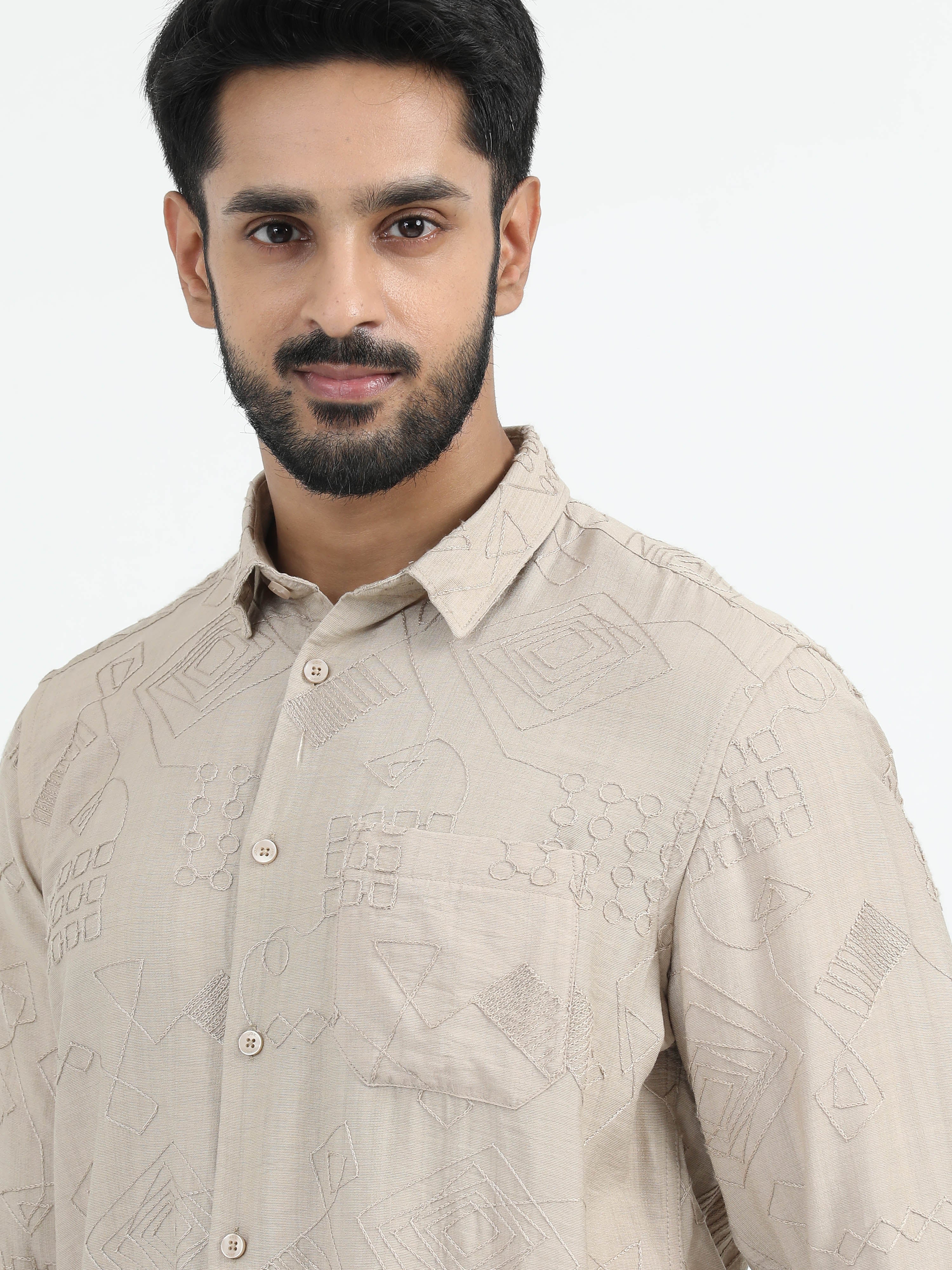 MEN'S BEIGE PRINT SLIM FIT SHIRT