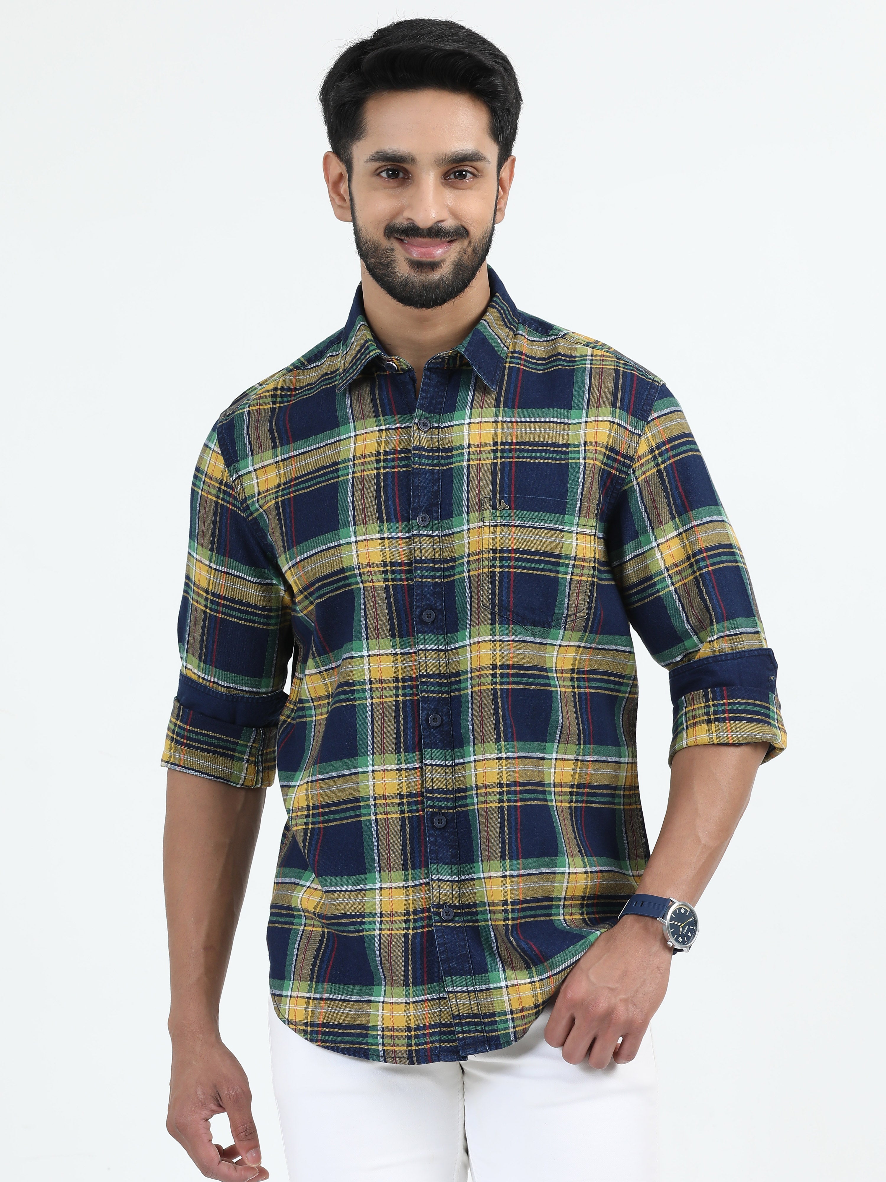 MEN'S YELLOW INDIGO CHECKS SLIM FIT SHIRT