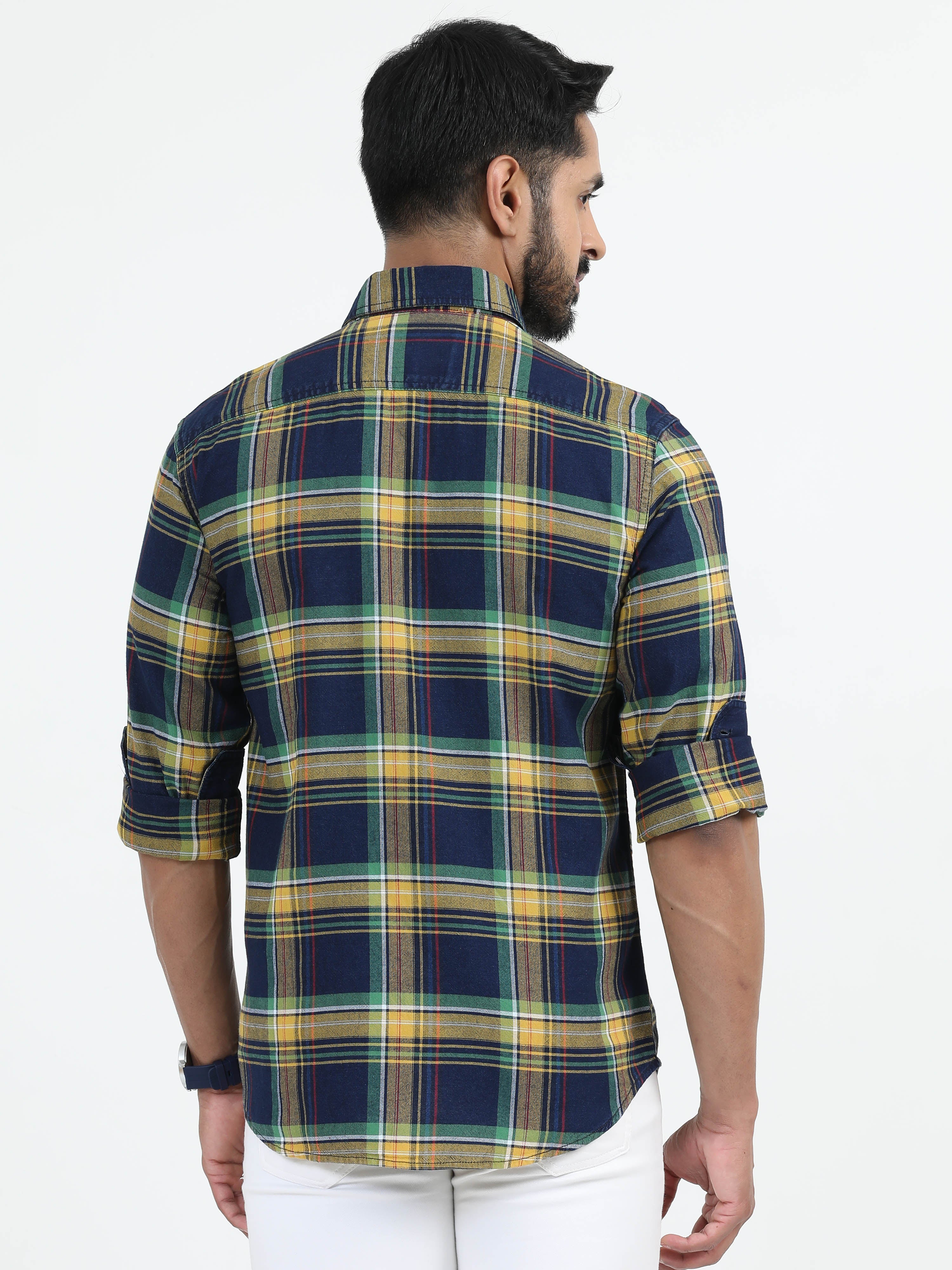 MEN'S YELLOW INDIGO CHECKS SLIM FIT SHIRT