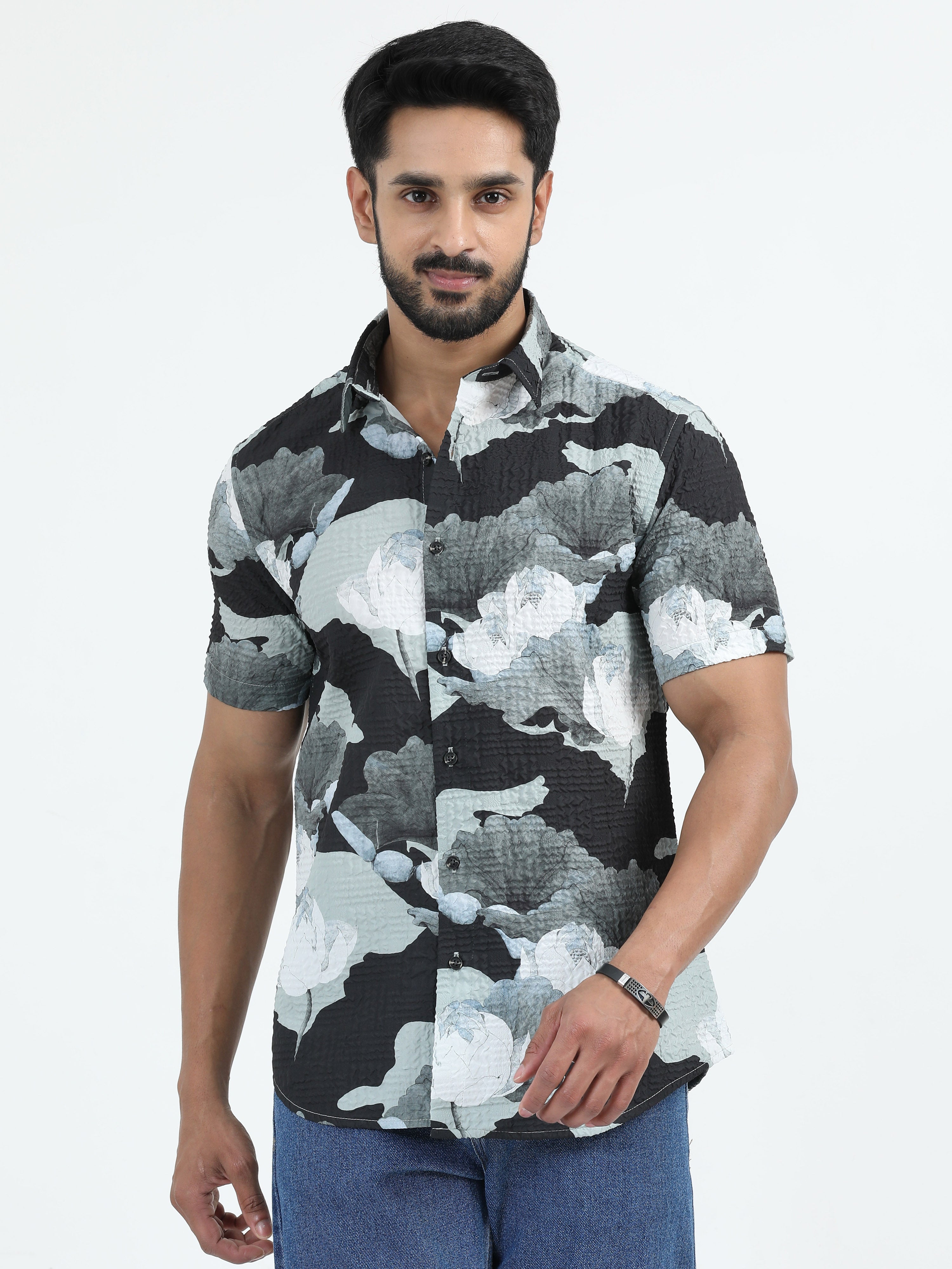 MEN'S OLIVE  PRINT SLIM FIT SHIRT